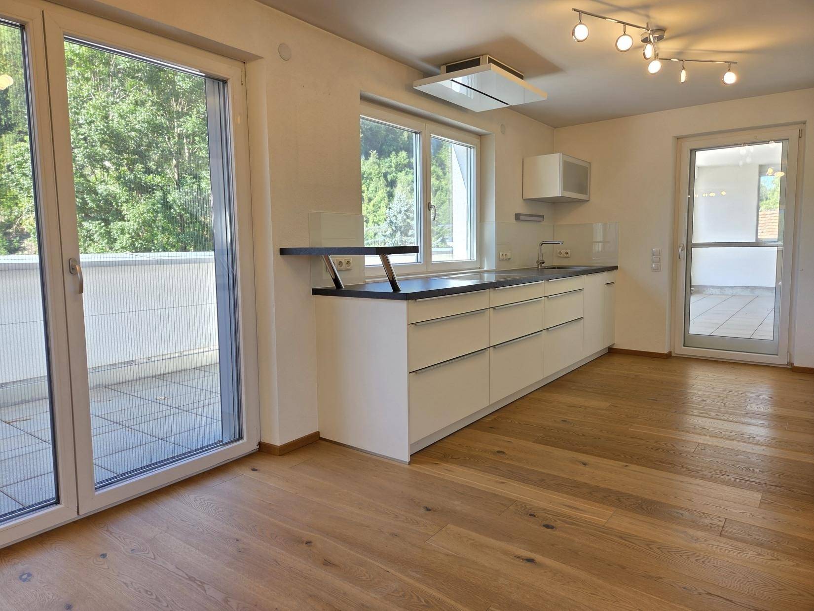 Helle Küche mit modernen weißen Schränken, dunkler Arbeitsplatte, Induktionskochfeld und großem Terrassenzugang.