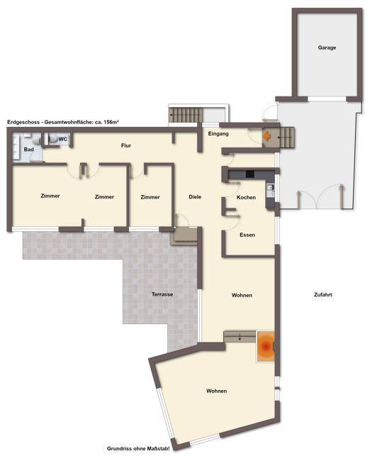 Grundriss des Erdgeschosses mit Wohn-, Ess- und Küchenbereich sowie Terrasse und Garage.