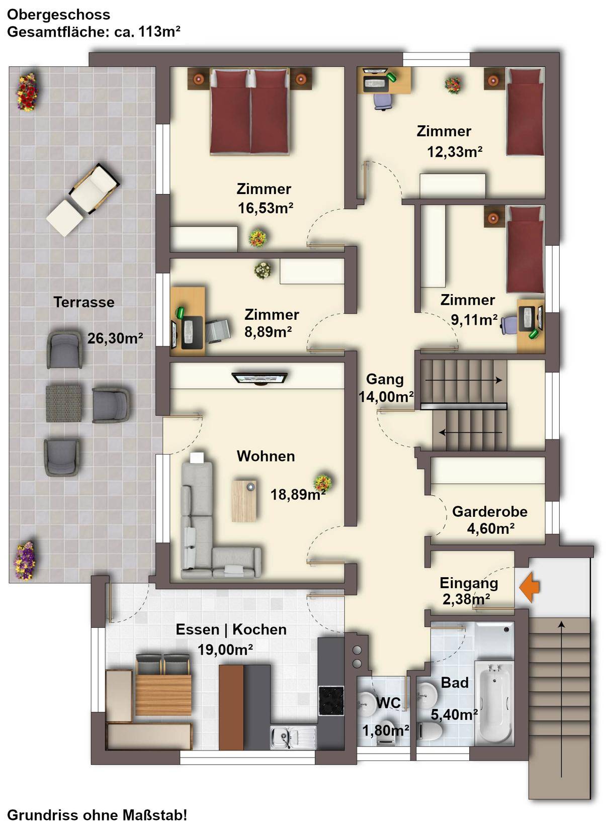 Grundriss des Obergeschosses mit Wohnbereich, Küche, Schlafzimmern und großer Terrasse.