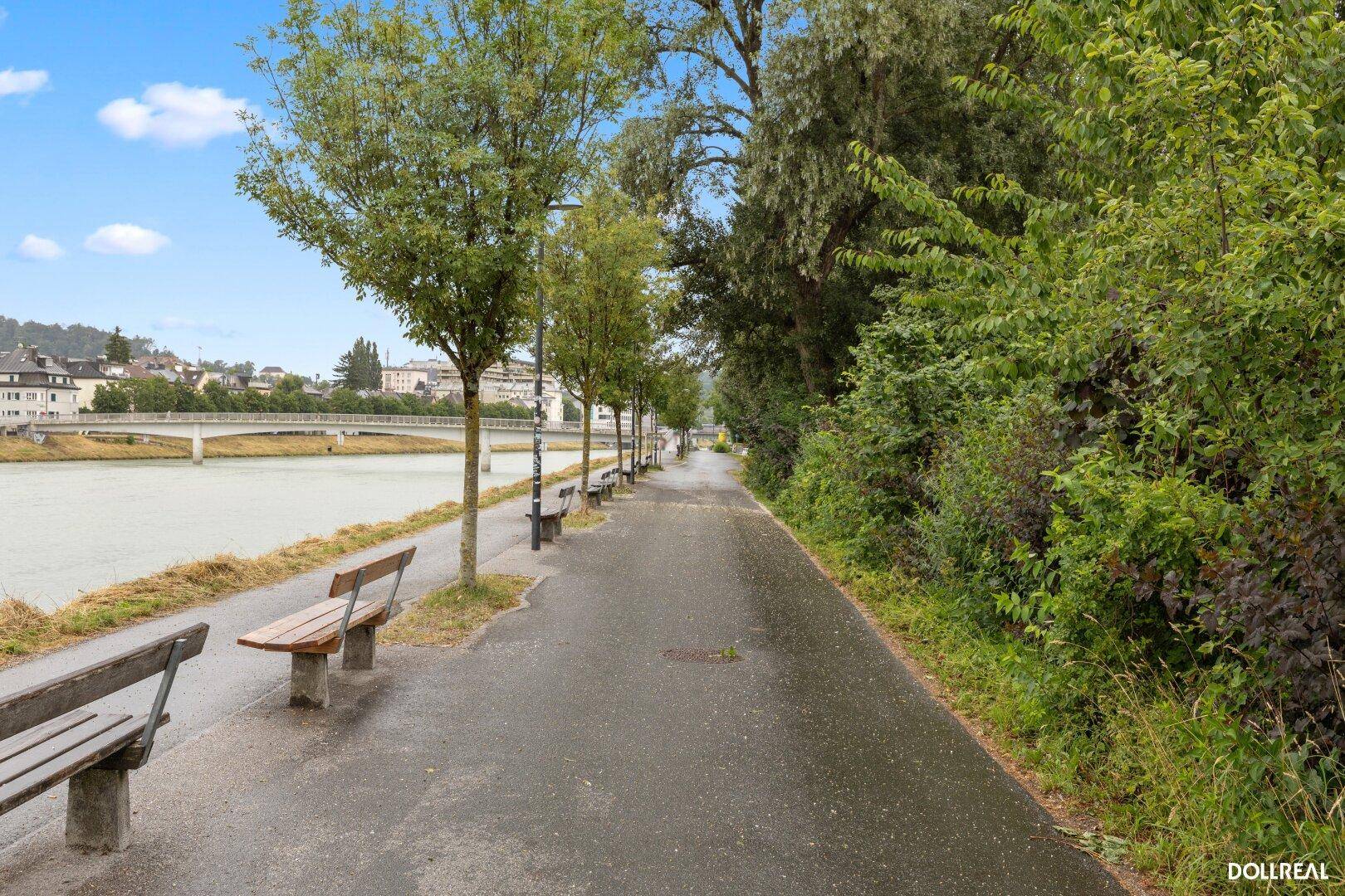 Viel Grün am Salzachkai: bequem zu Fuß oder mit dem Rad in die Stadt
