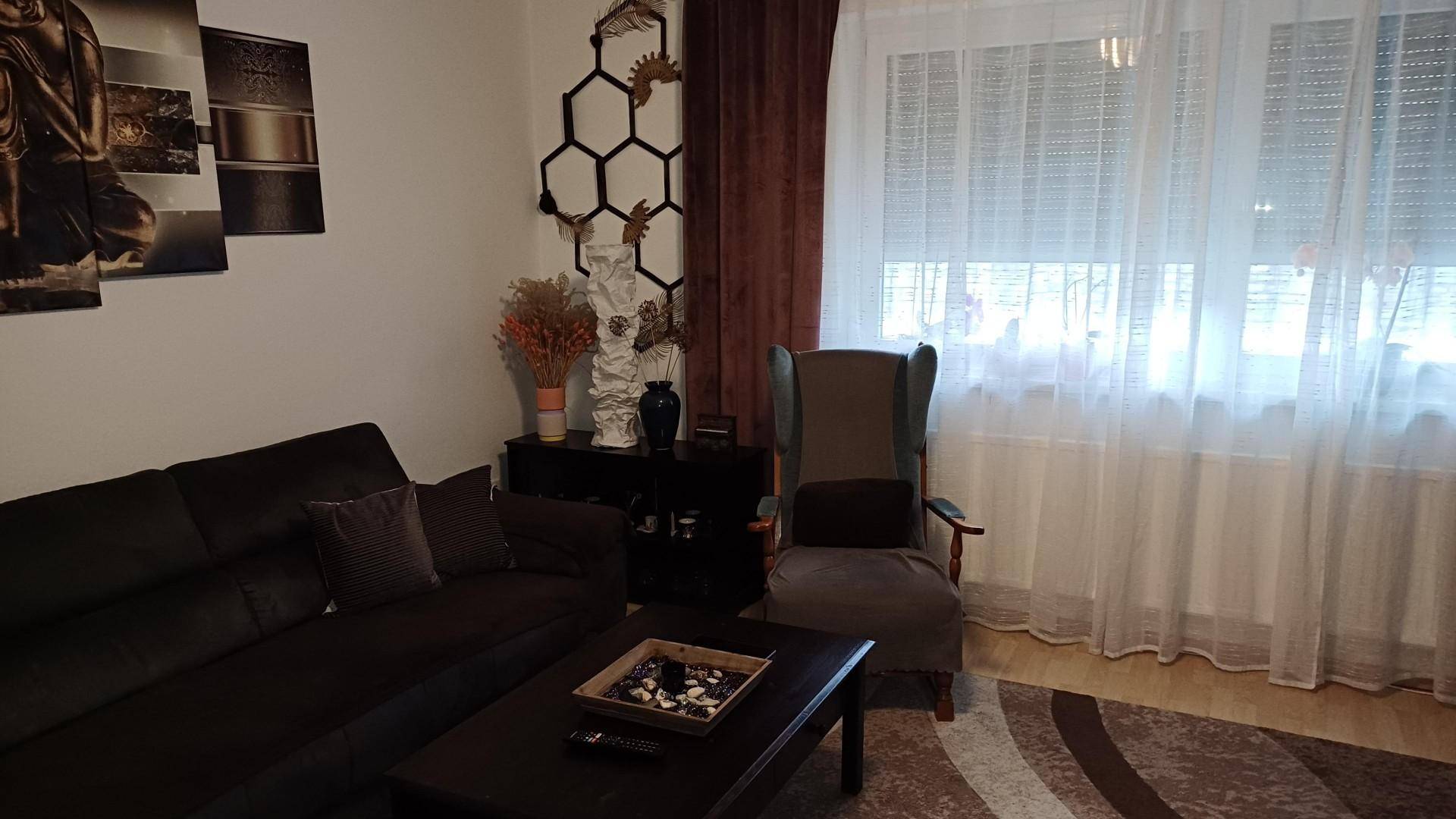 Wohnzimmer mit dunklem Sofa, Sessel und dekorativen Elementen, beleuchtet durch große Fenster.