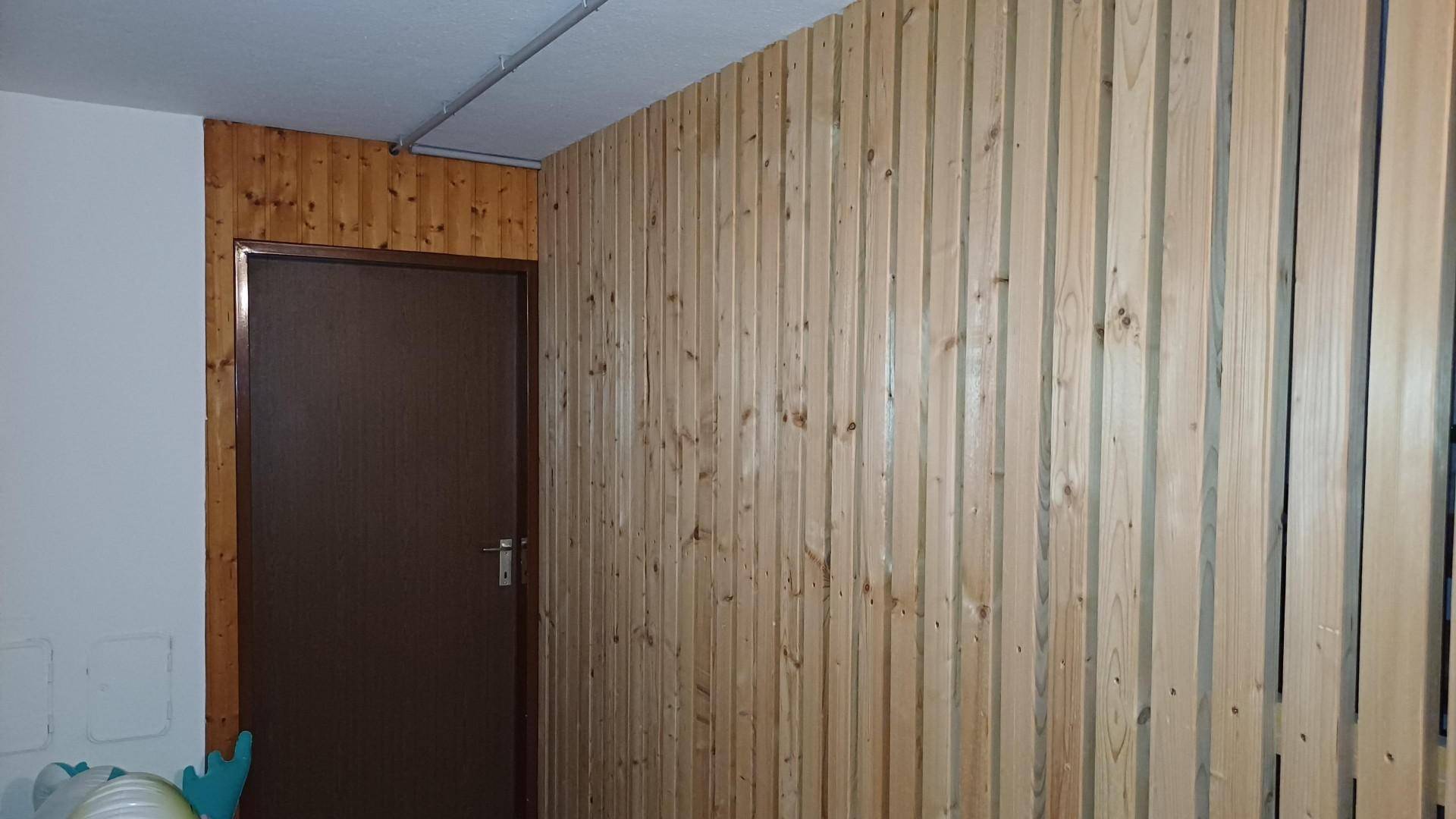 Innenraum mit vertikaler Holzwandverkleidung und einer einfachen Tür, die einen rustikalen Charme verleiht.
