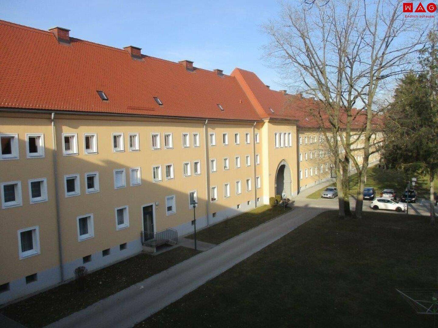aus dem Fenster blickend hofseitig