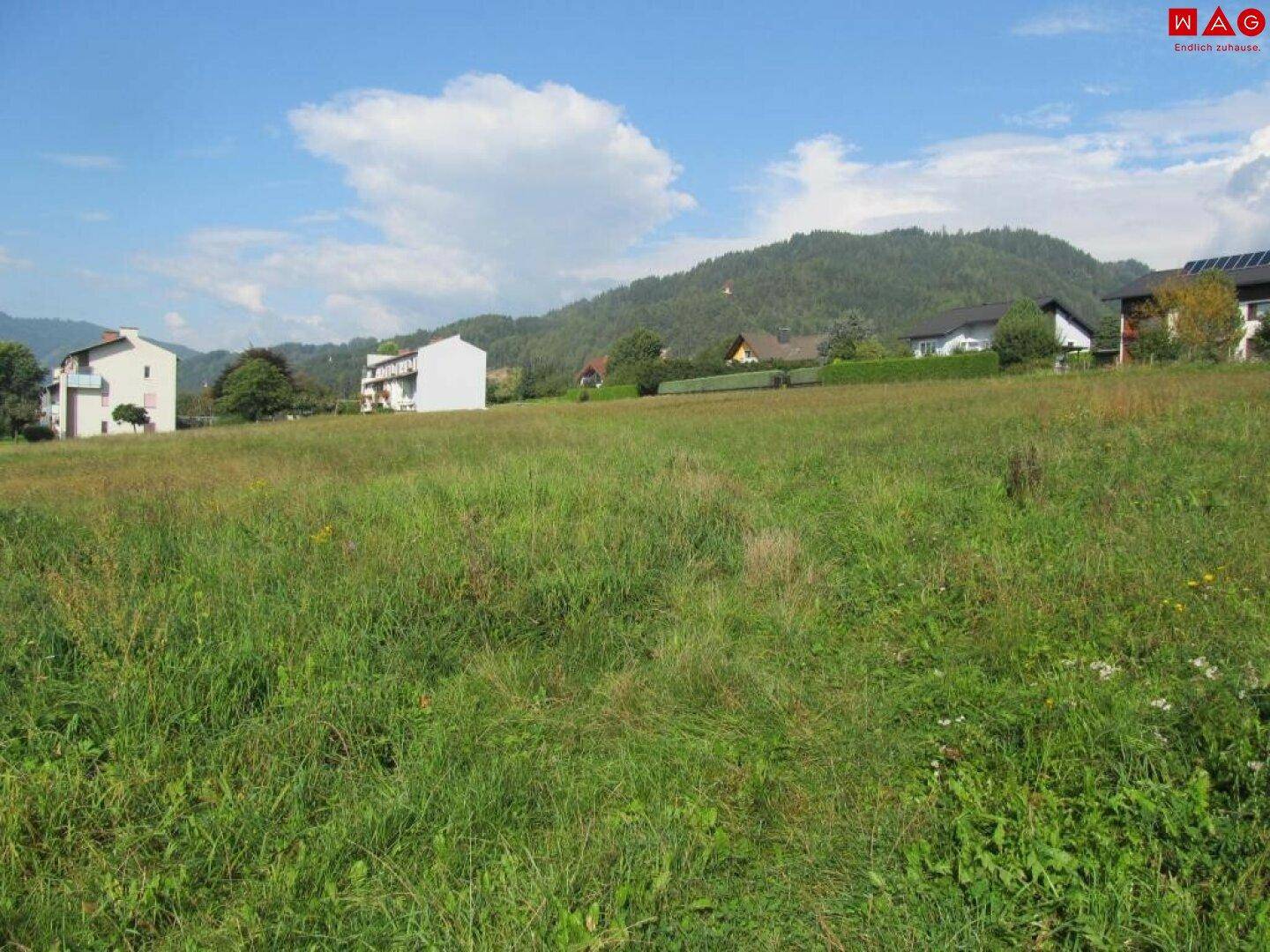 Weitläufige Grünfläche mit Blick auf die umliegende Berglandschaft und Häuser.