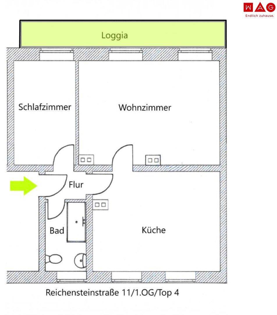 Grundriss einer Wohnung mit Schlafzimmer, Wohnzimmer, Küche, Bad und Loggia.