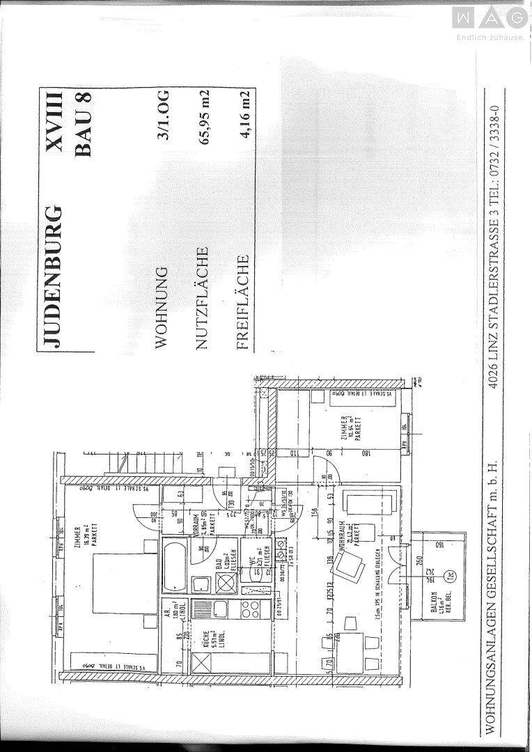 Grundriss der Wohnung mit 65,95 m² Nutzfläche und einem Balkon.