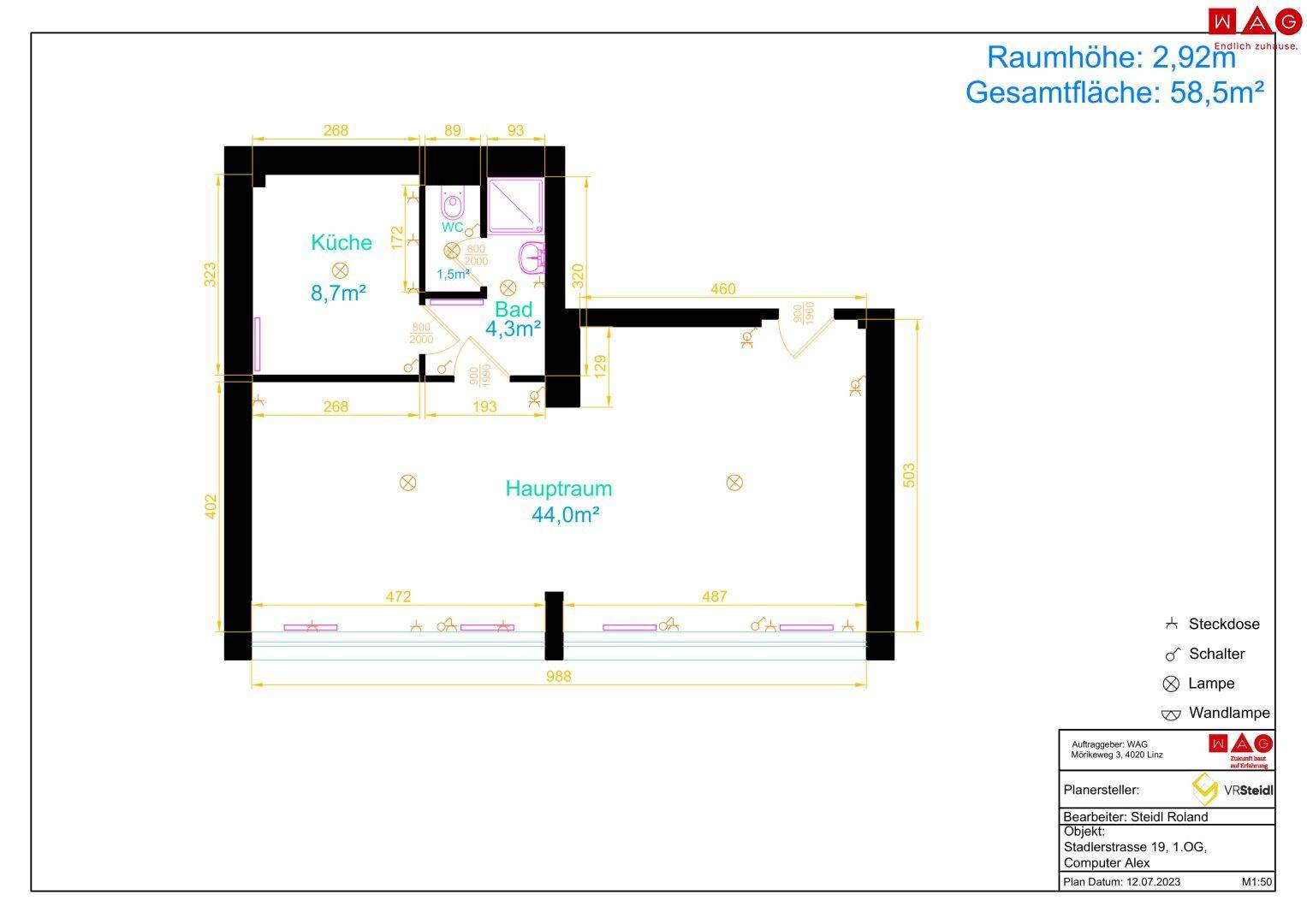Grundriss einer Wohnung mit 58,5m² Gesamtfläche, inklusive Küche, Bad und Hauptraum.