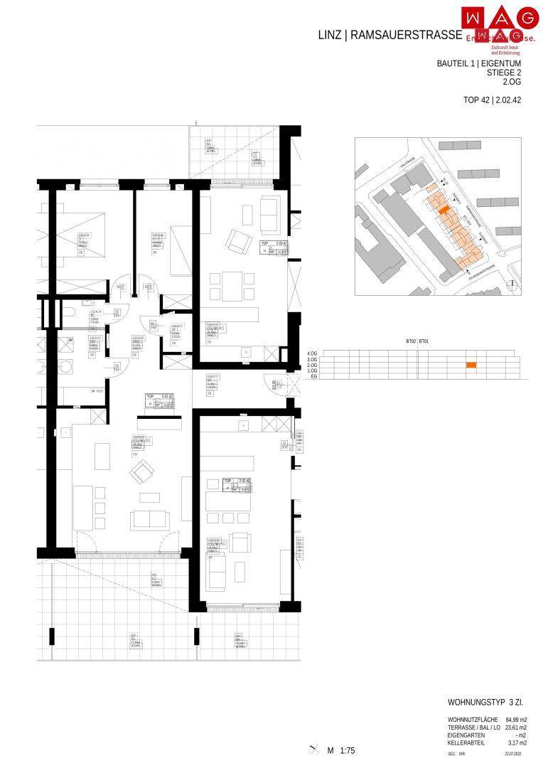 Grundriss der Wohnung mit Raumaufteilung und Terrassenzugang.
