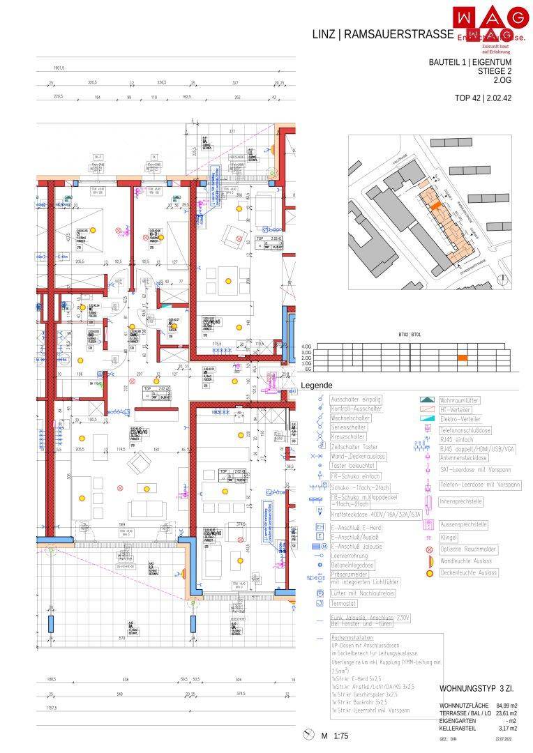 Detaillierter Grundriss der Wohnung mit farbiger Kennzeichnung der Funktionsbereiche.