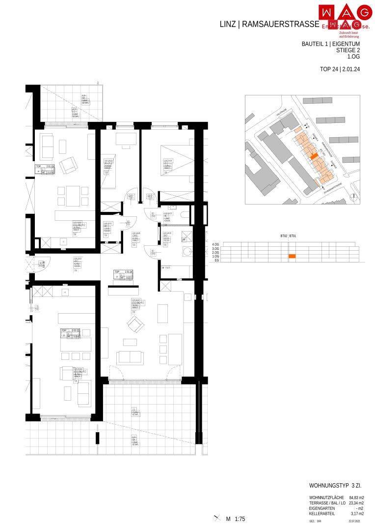 Detaillierter Grundriss einer Wohnung mit mehreren Zimmern, Terrasse und Kellerabteil.