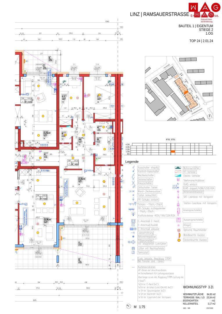 Technischer Grundriss einer Wohnung mit Installationen, mehreren Zimmern und Terrasse.
