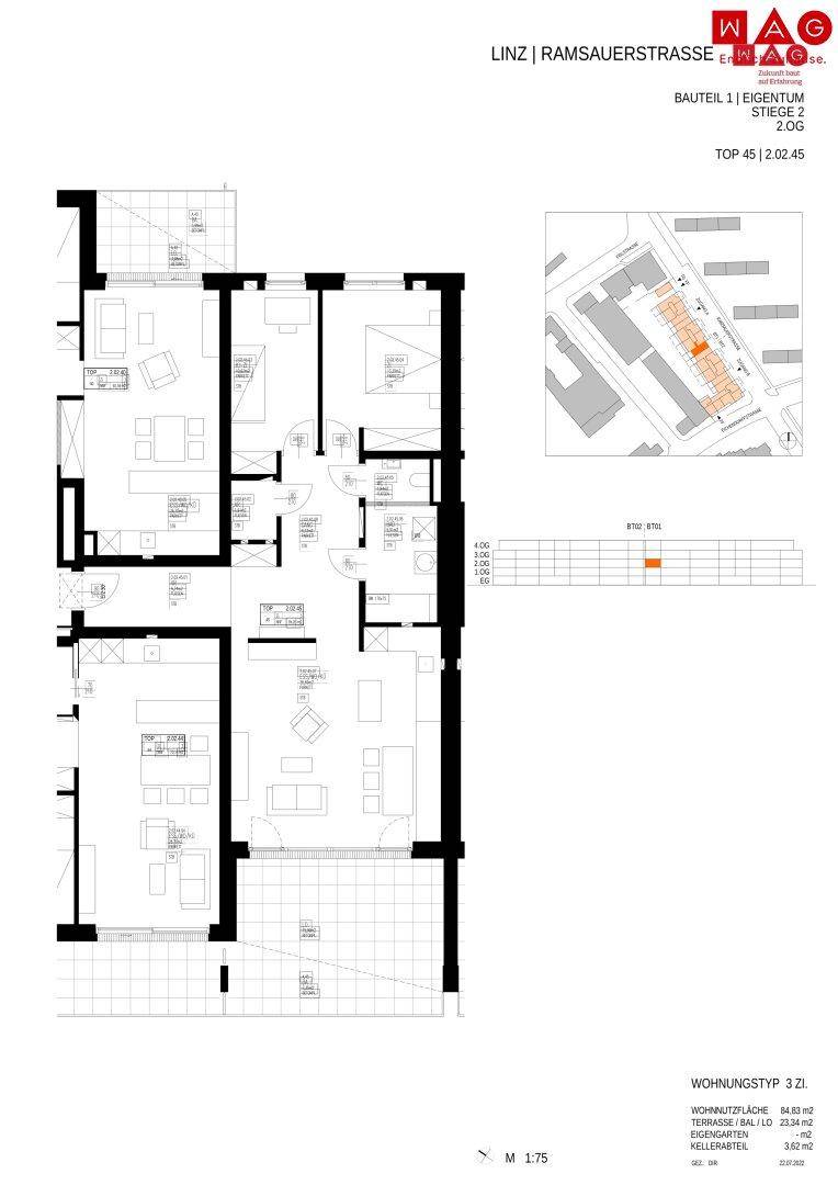 Detaillierter Grundriss einer Wohnung mit offenem Wohnbereich und Balkon.
