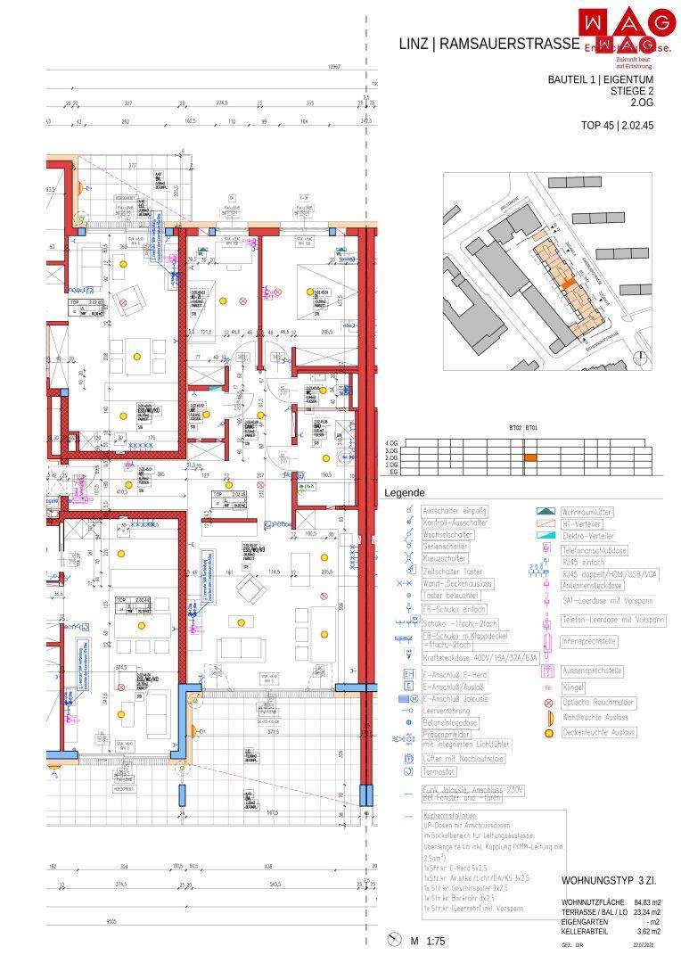 Technischer Grundriss einer Wohnung mit eingezeichneten Installationen und Legende.