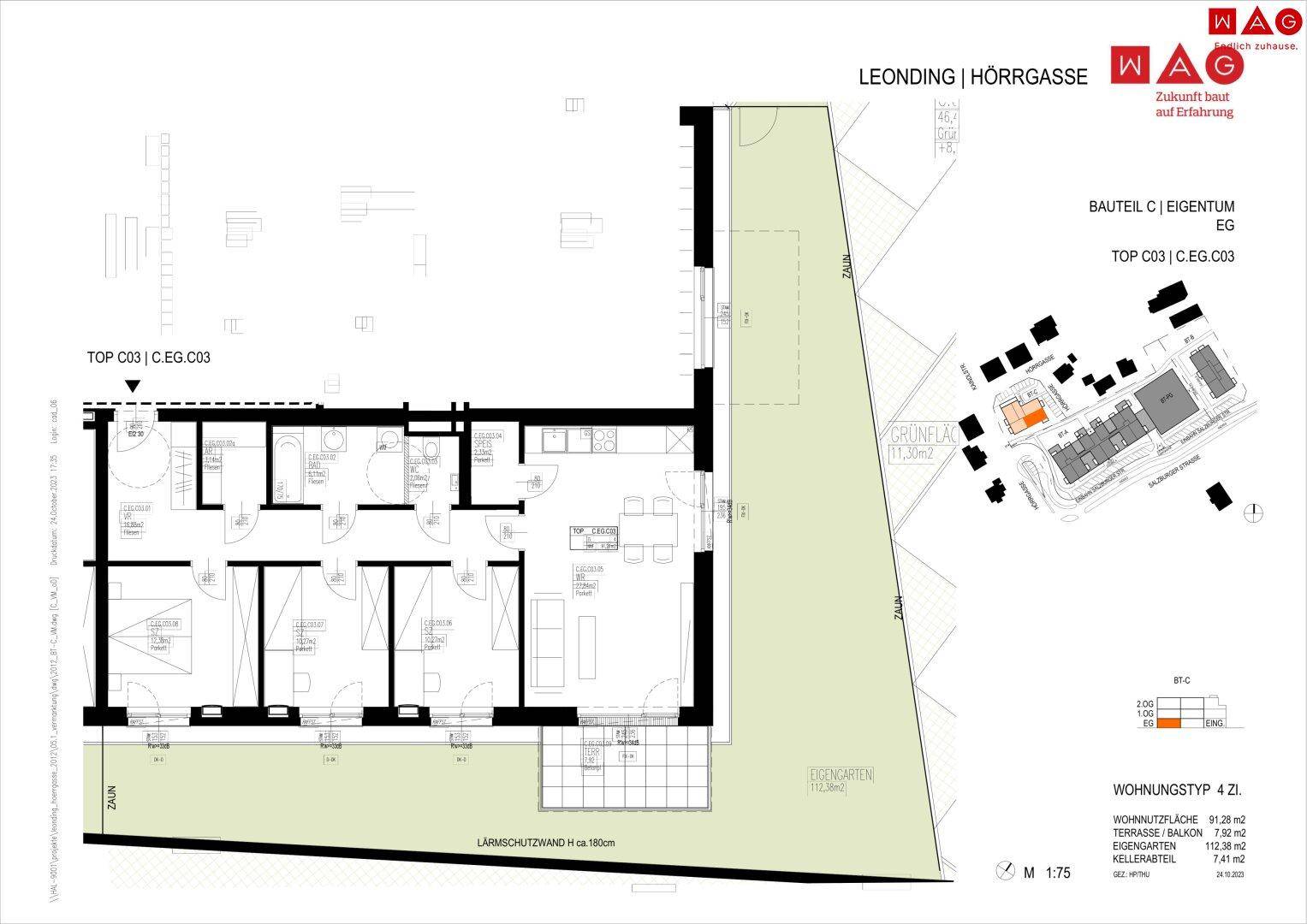 Grundriss einer 4-Zimmer-Wohnung mit Terrasse und Garten im Erdgeschoss.