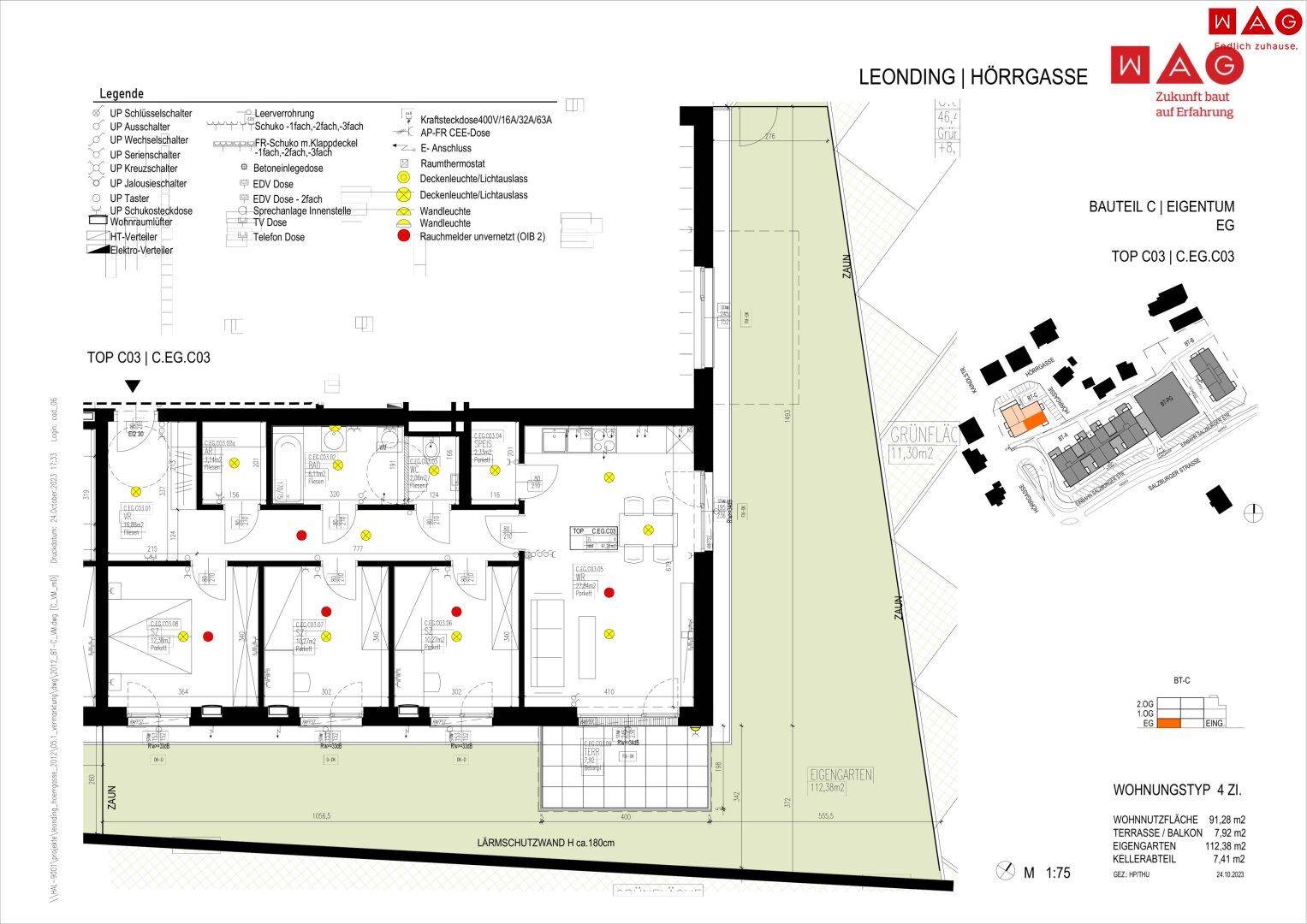 Grundriss einer Erdgeschosswohnung mit offenem Wohnbereich, Terrasse und eigenem Garten.