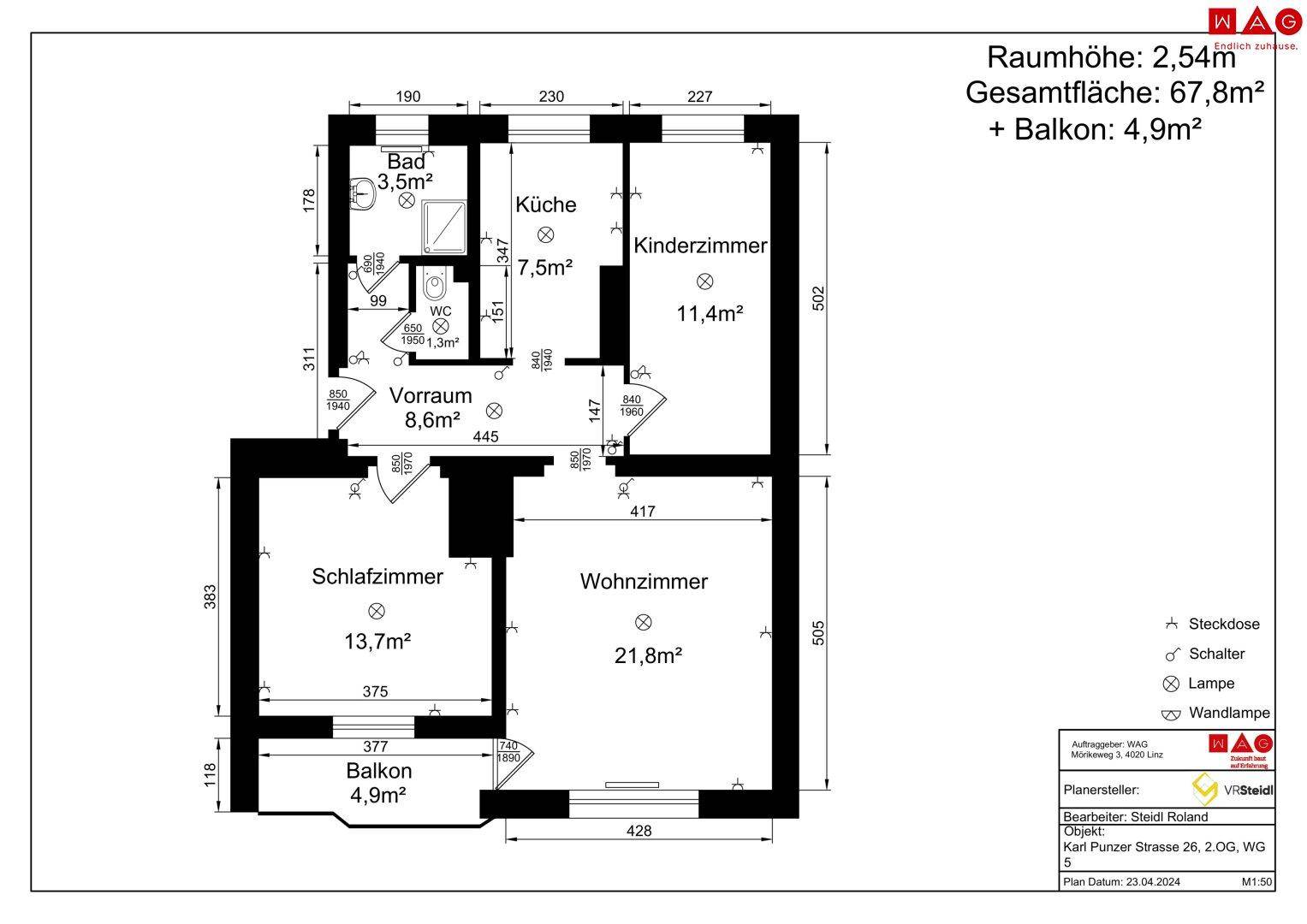 Grundriss der Wohnung mit 67,8m² Wohnfläche und 4,9m² Balkon.