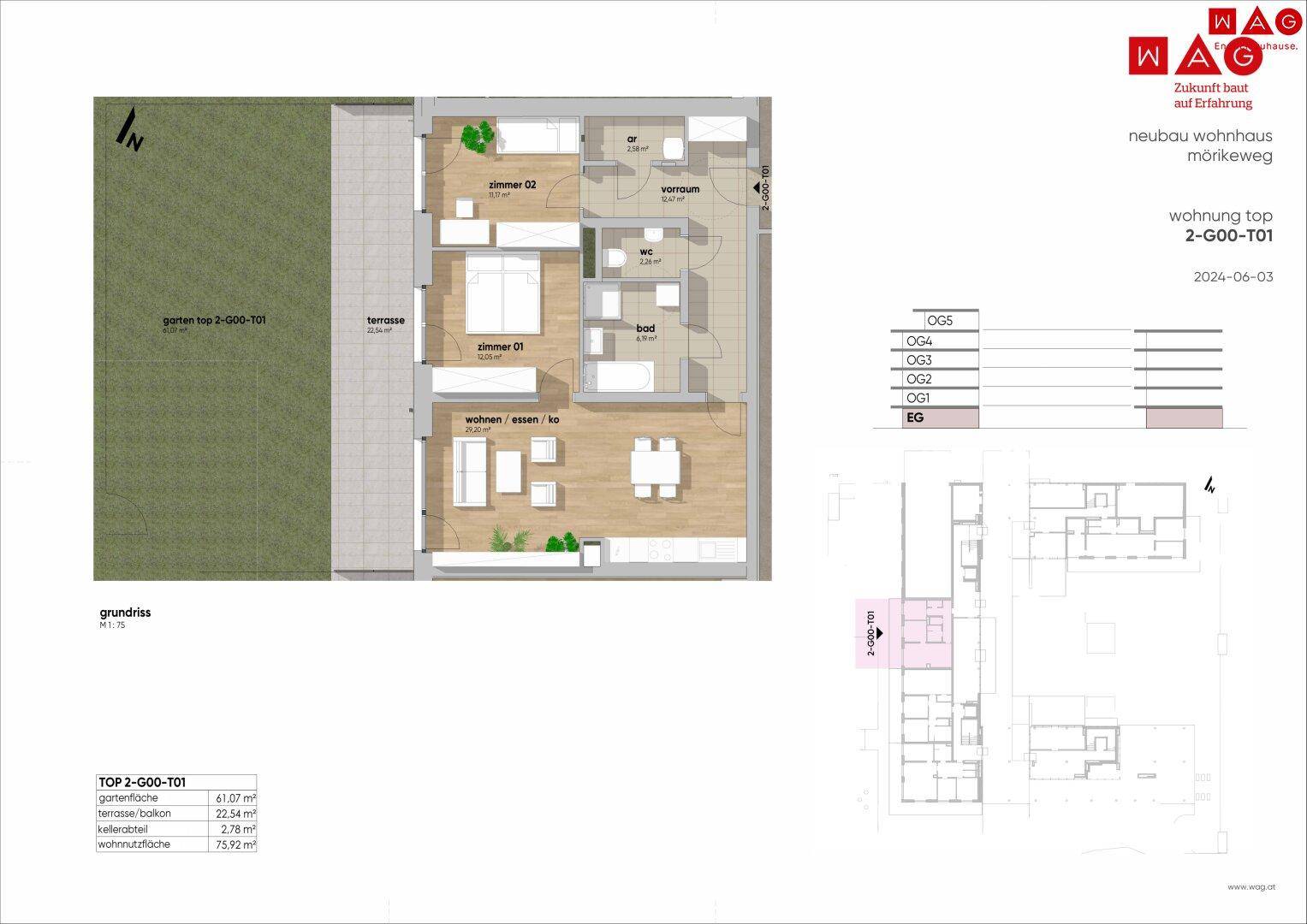 Möblierter Grundriss einer Erdgeschosswohnung mit offenem Wohnbereich, Garten, Terrasse und zwei Schlafzimmern.