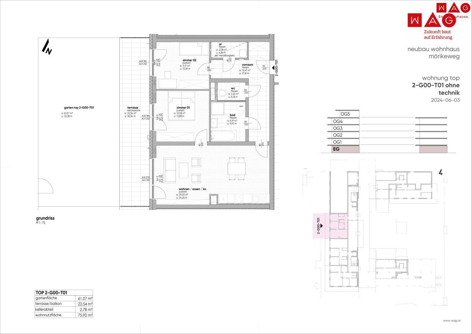 Grundriss einer Erdgeschosswohnung mit offenem Wohnbereich, Garten, Terrasse und zwei Schlafzimmern ohne Möblierung.