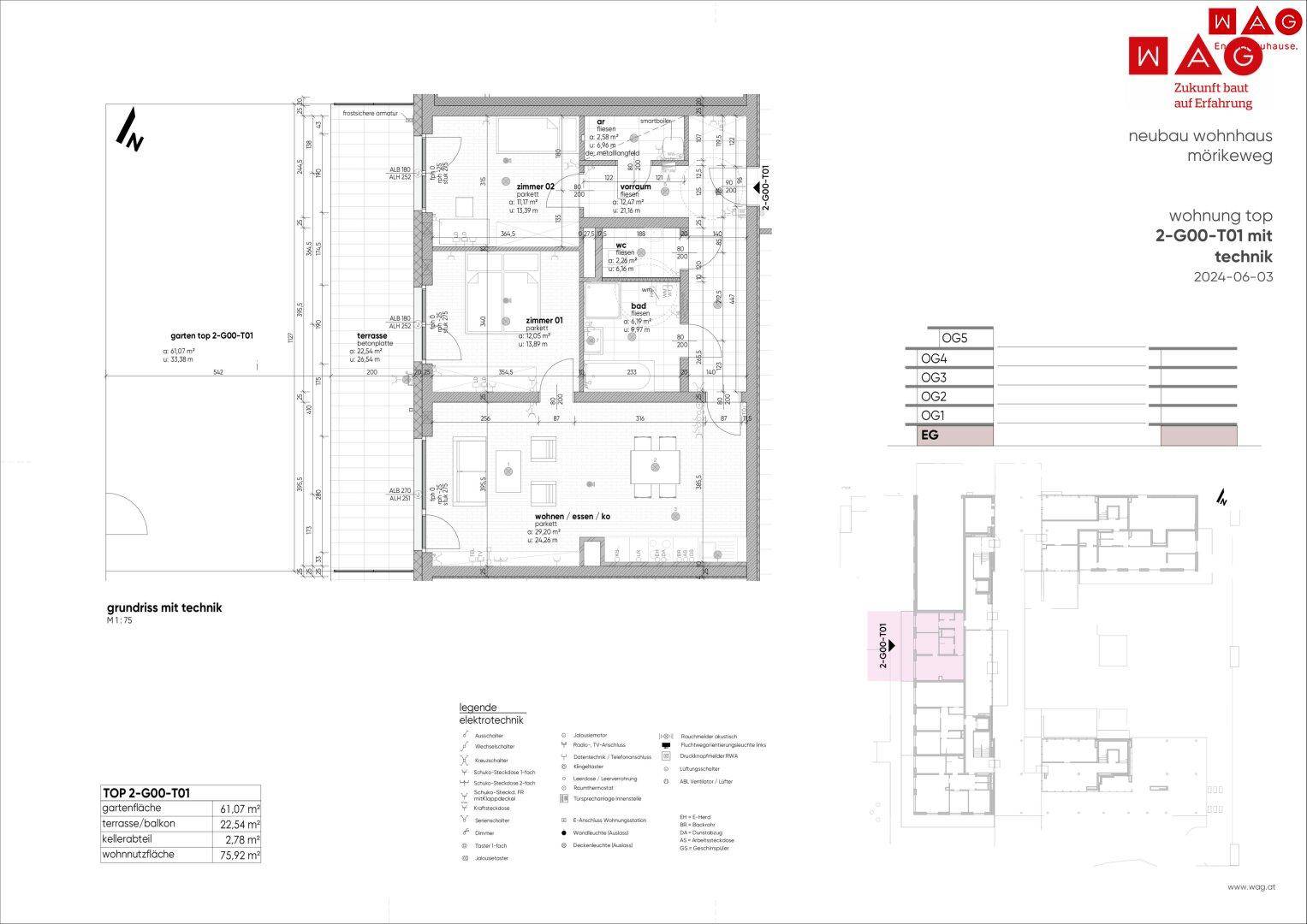 Technischer Grundriss einer Erdgeschosswohnung mit Elektroplanung, offenem Wohnbereich, Garten und Terrasse.