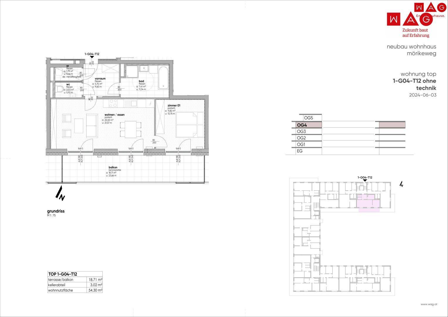 Grundriss einer Wohnung mit offenem Wohn-Essbereich, Schlafzimmer, Bad, separatem WC und Balkon.