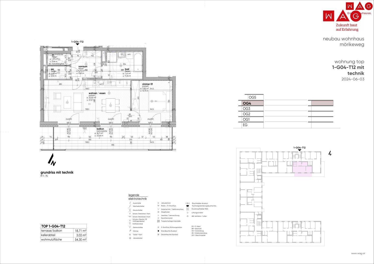 Dieser Grundriss zeigt die Elektrotechnik einer Wohnung mit offenem Wohnbereich und Balkon.