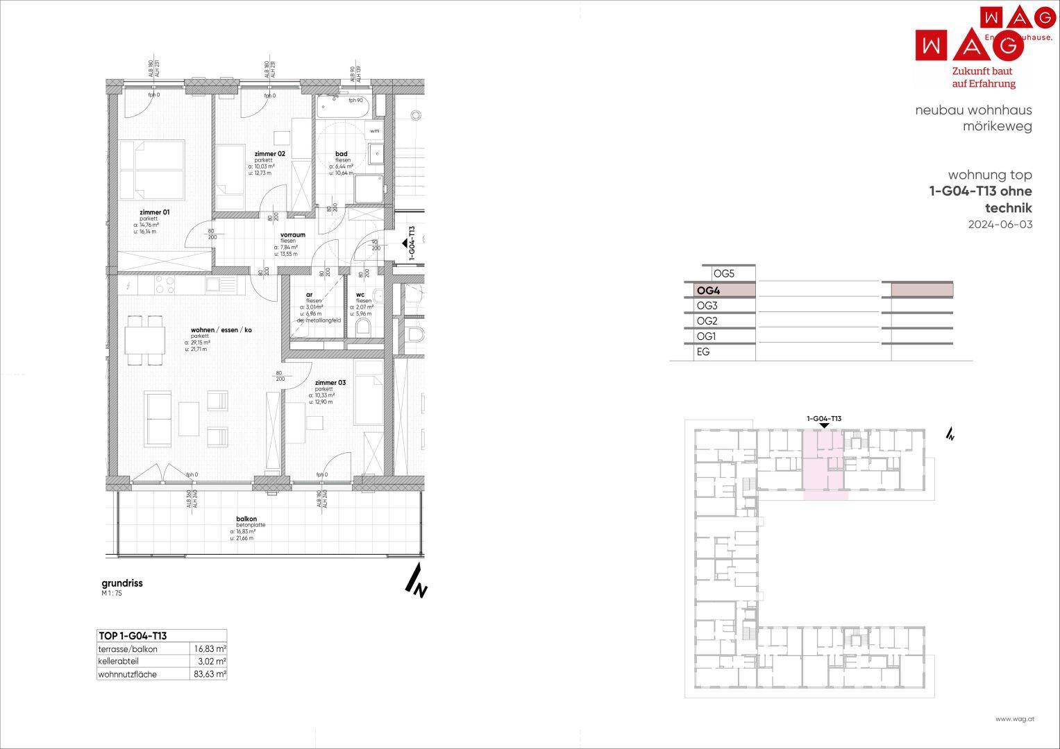 Grundriss einer Neubauwohnung ohne Möblierung, zeigt drei Zimmer und Balkonzugang.