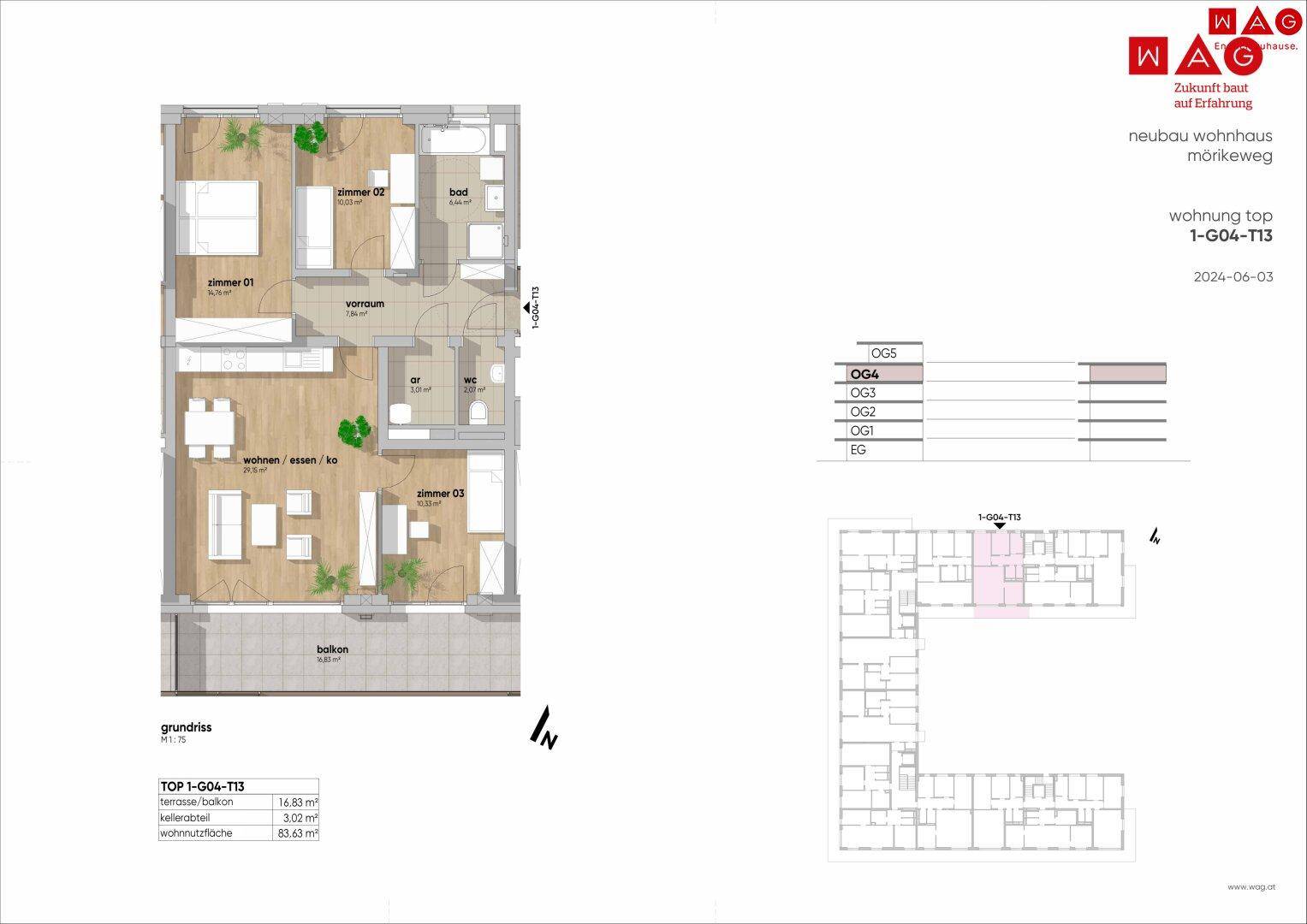 Detaillierter Grundriss einer Wohnung mit drei Zimmern, offenem Wohnbereich und Balkon.