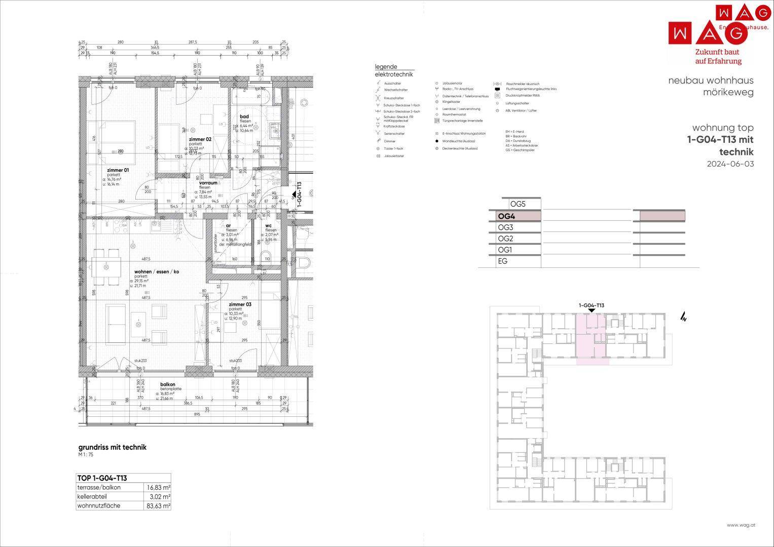 Technischer Grundriss einer Neubauwohnung mit Installationen und Raumaufteilung.