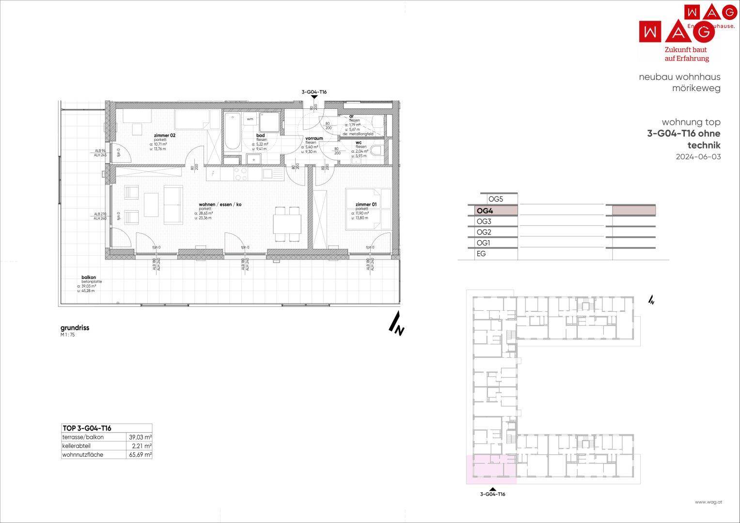 Grundriss einer Neubauwohnung ohne technische Details, mit zwei Schlafzimmern und offenem Wohnbereich.