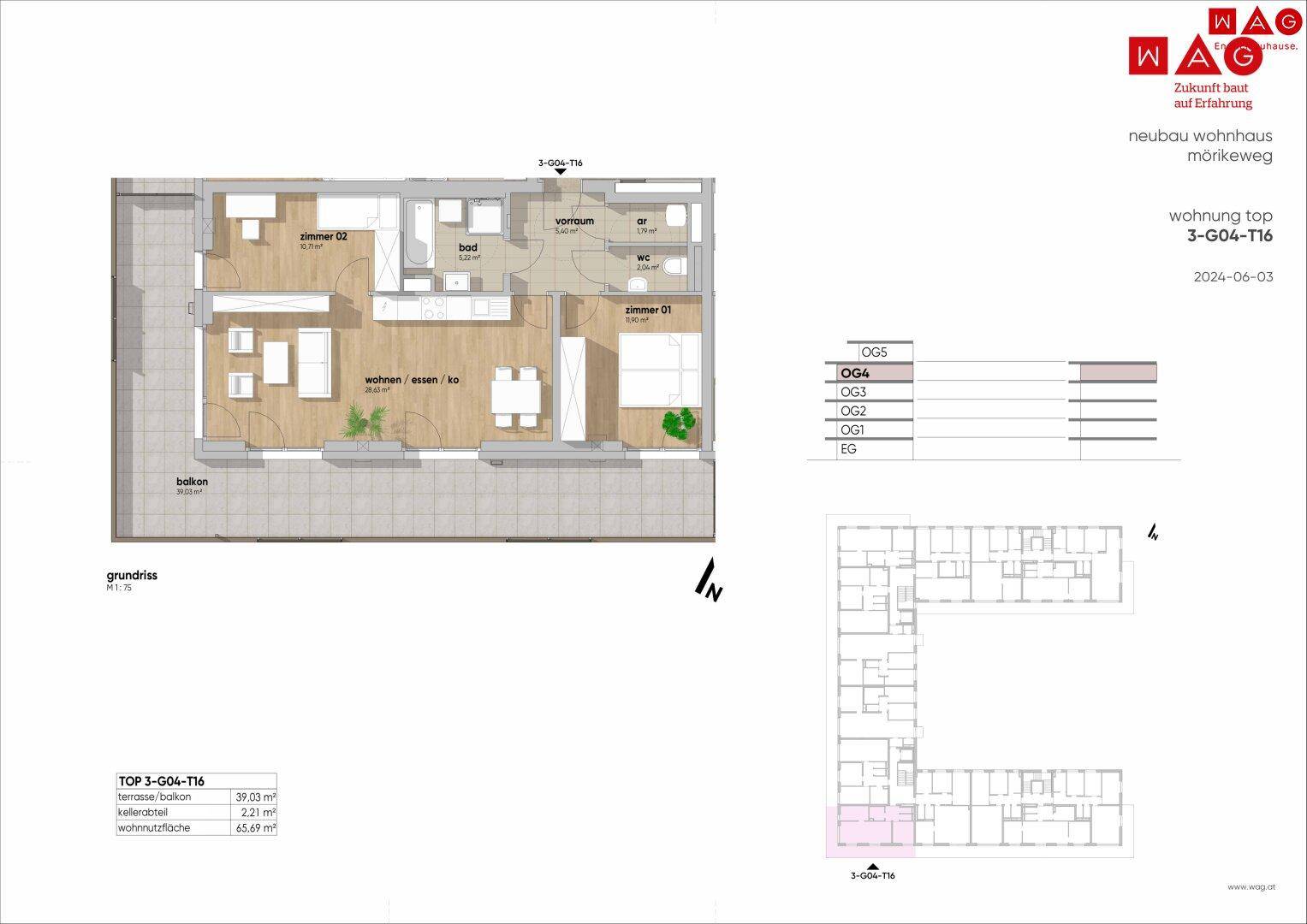 Detaillierter Grundriss einer Neubauwohnung mit zwei Schlafzimmern, offenem Wohnbereich und Balkon.