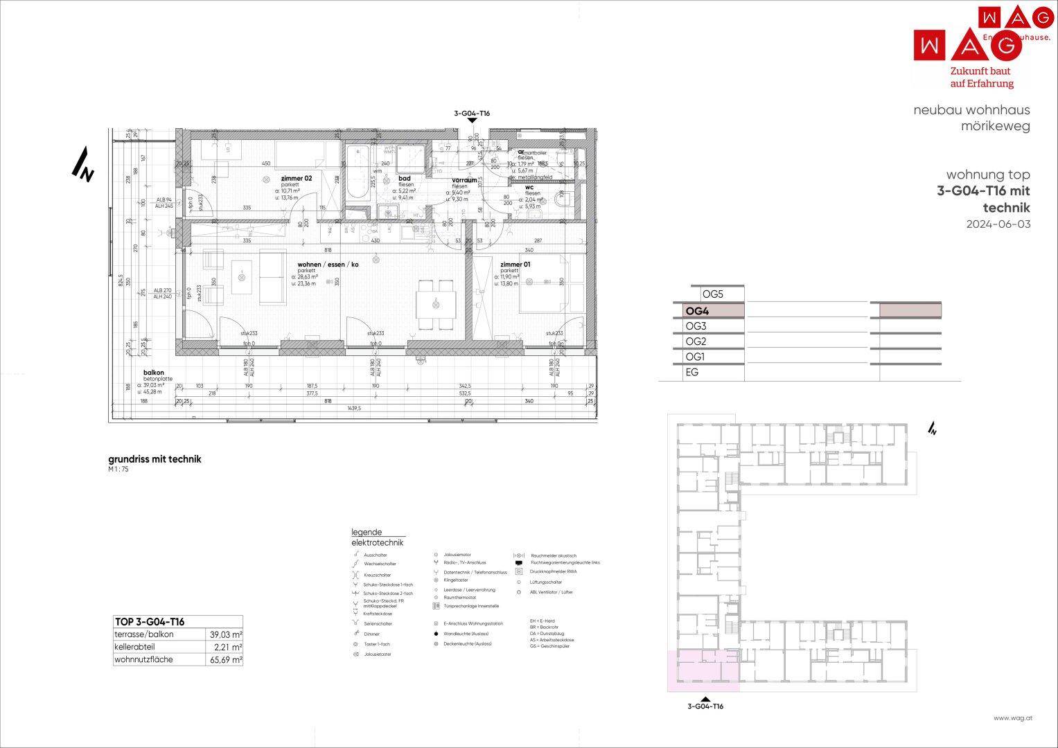 Grundriss einer Neubauwohnung mit technischen Installationen, zwei Schlafzimmern und offenem Wohnbereich.