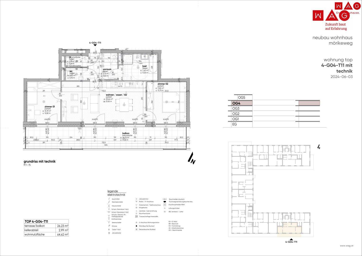 Grundriss einer Wohnung mit offenem Wohn-Essbereich, zwei Schlafzimmern und großem Balkon, inklusive Technikdetails.