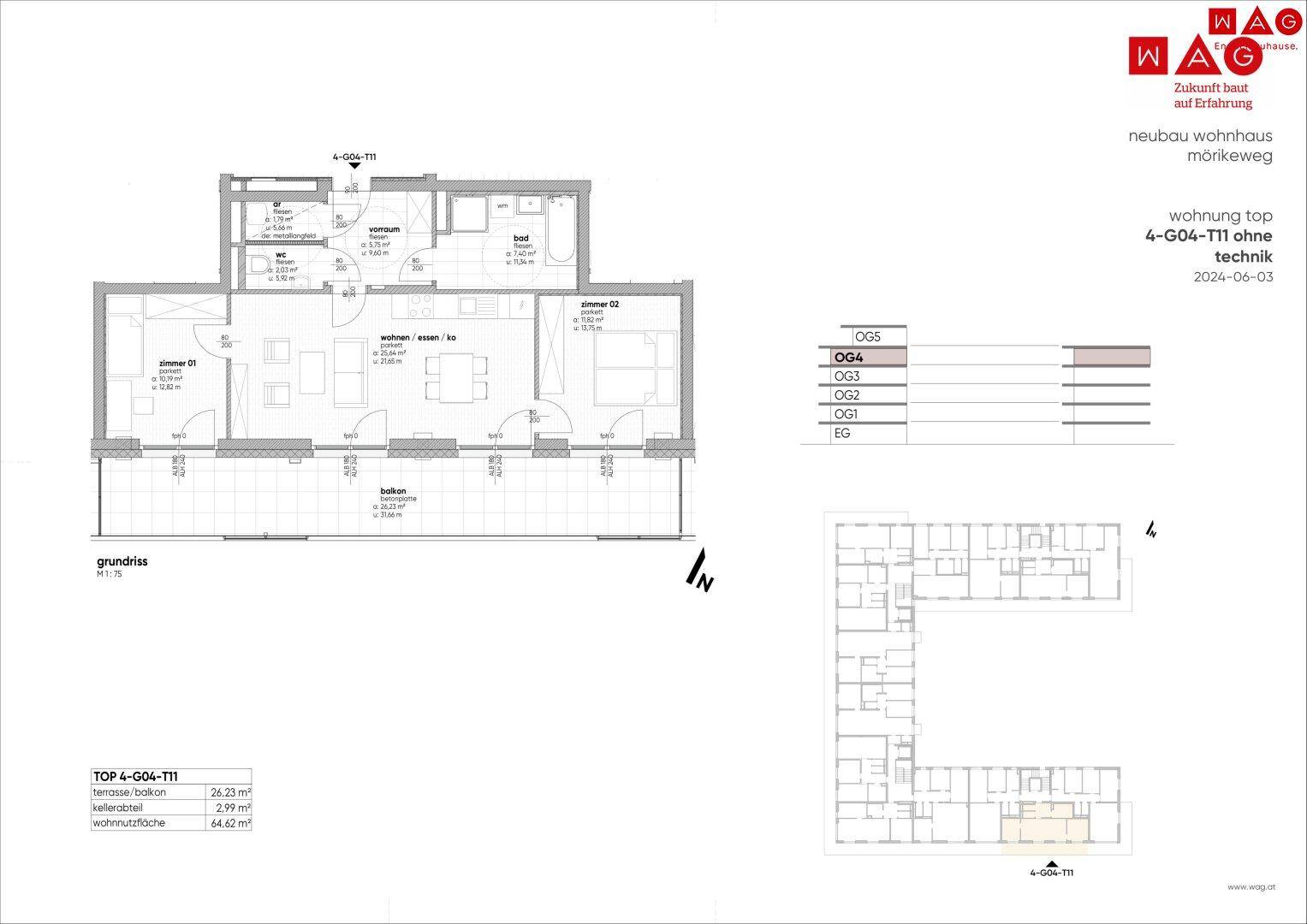 Grundriss einer Wohnung mit offenem Wohn-Essbereich, zwei Schlafzimmern und großem Balkon.