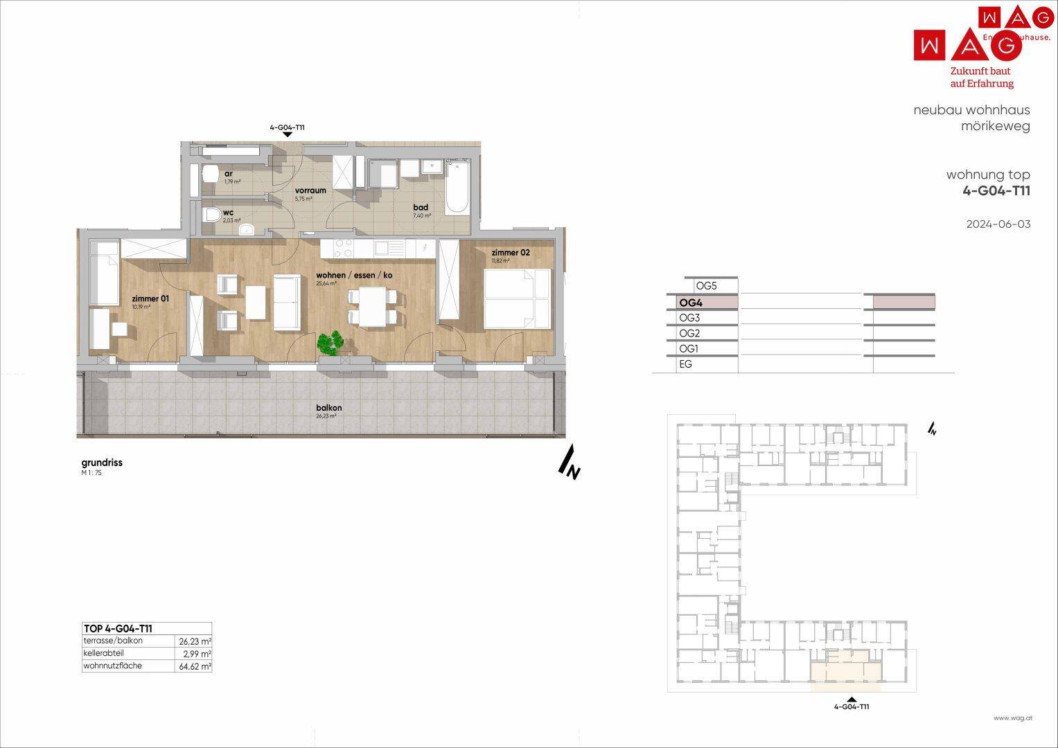Grundriss einer Wohnung mit offenem Wohn-Essbereich, zwei Schlafzimmern und großem Balkon.