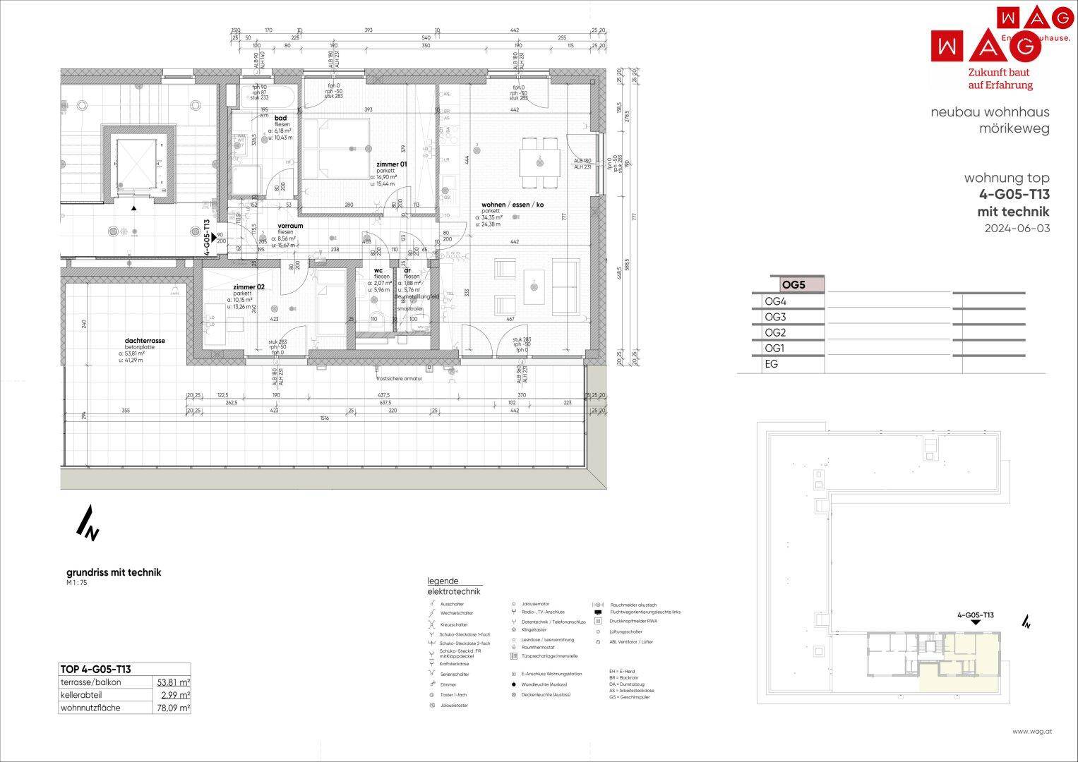 Detaillierter Grundriss einer Wohnung mit zwei Schlafzimmern, offenem Wohnbereich und Dachterrasse, inklusive Technikplan.