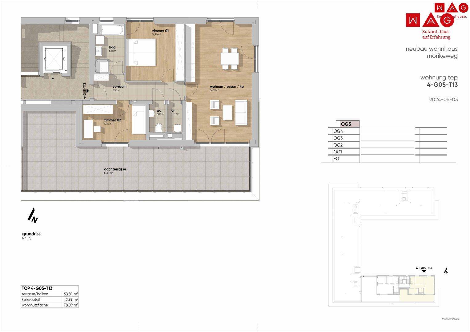 Detaillierter Grundriss einer Wohnung mit zwei Schlafzimmern, offenem Wohnbereich und großer Dachterrasse.