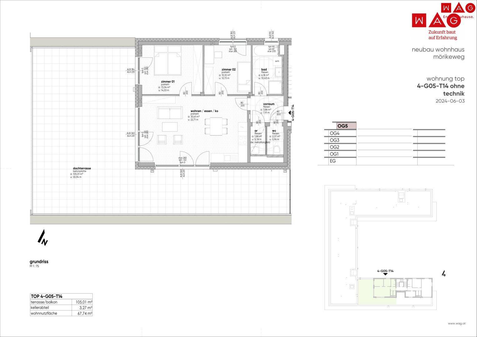 Grundriss einer Wohnung mit zwei Schlafzimmern, offenem Wohn-Essbereich, Bad und großer Dachterrasse ohne Möblierung.