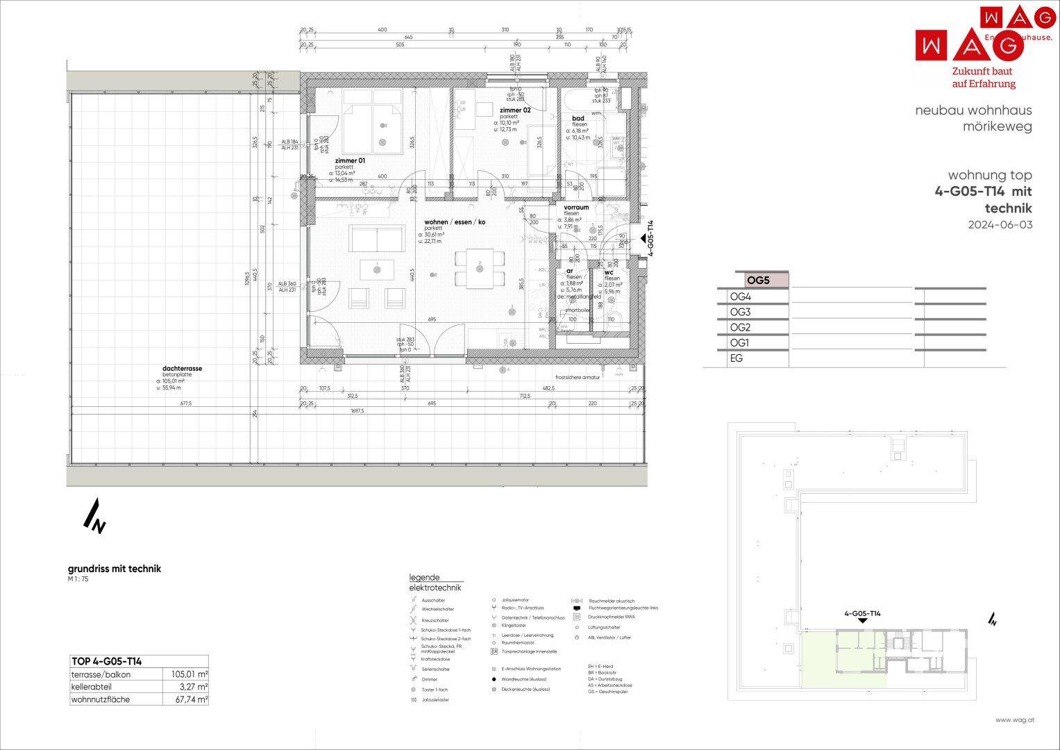 Grundriss einer Wohnung mit zwei Schlafzimmern, offenem Wohn-Essbereich, Bad und großer Dachterrasse, inklusive Elektrotechnik.