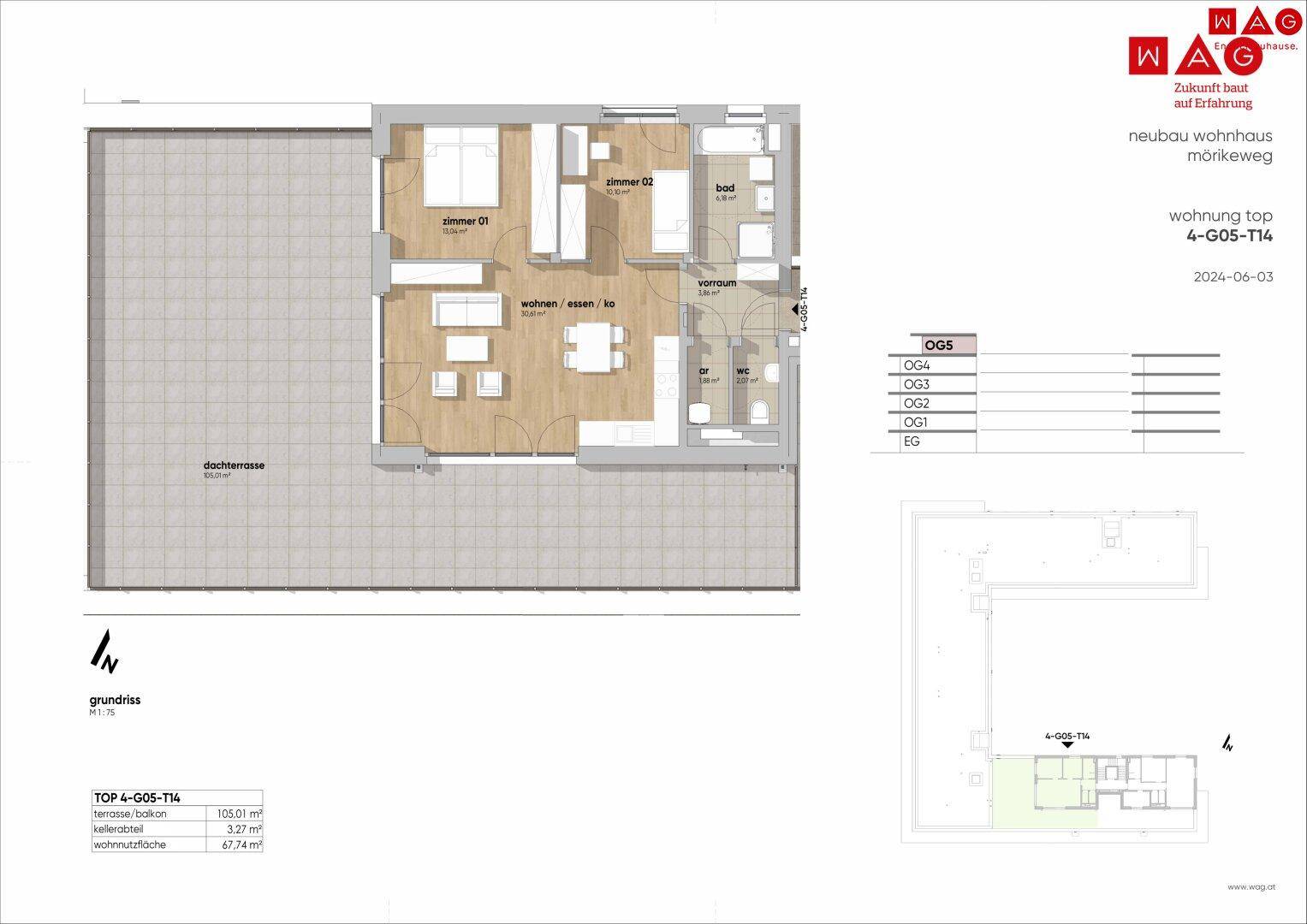 Grundriss einer Wohnung mit zwei Schlafzimmern, offenem Wohn-Essbereich, Bad und großer Dachterrasse.