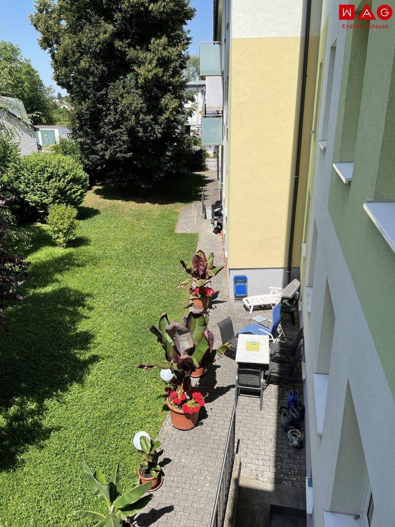 Sonniger Außenbereich mit gepflasterter Terrasse, Sitzgelegenheiten und Blick auf den Gemeinschaftsgarten.