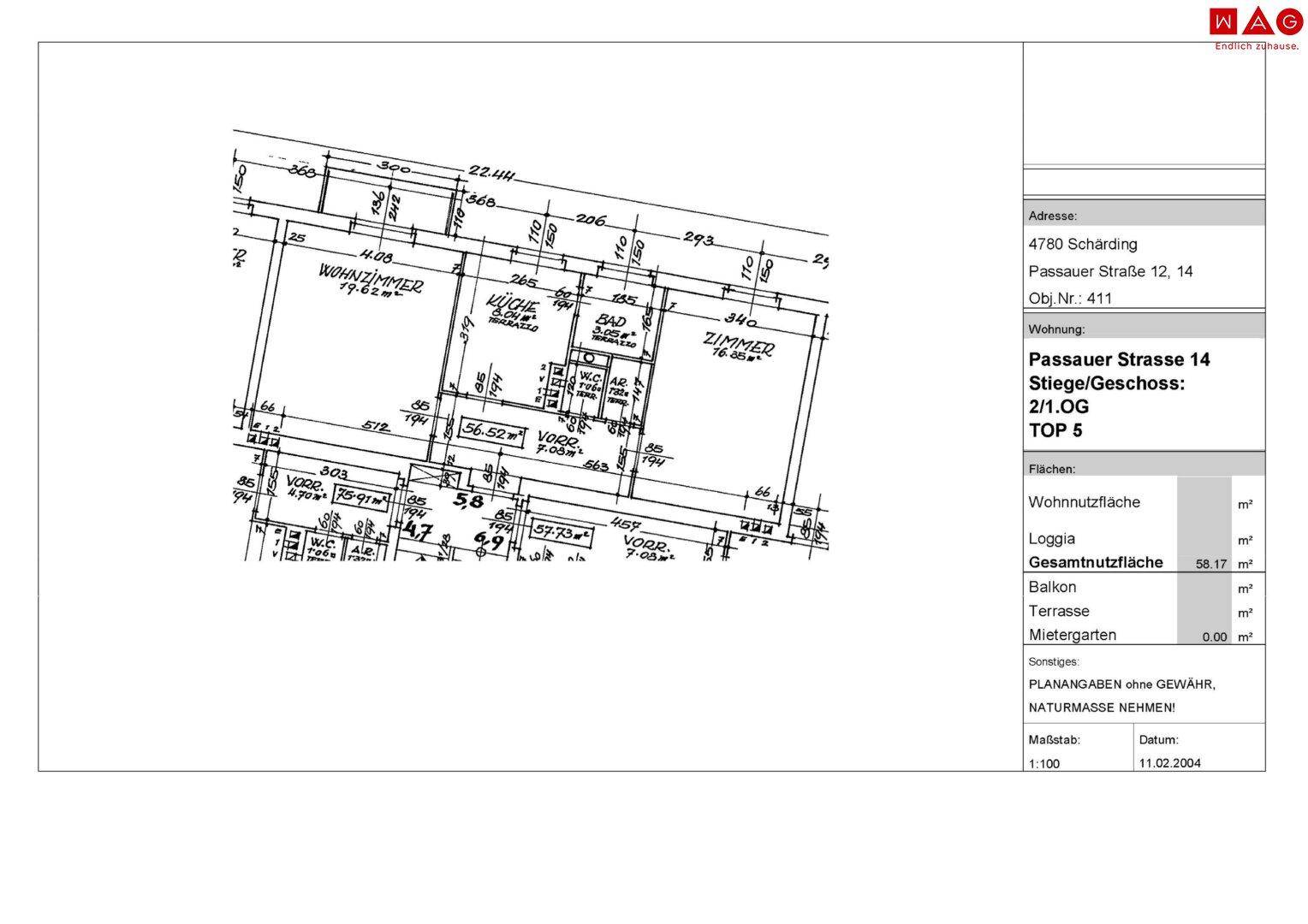 Grundriss der Wohnung mit Raumaufteilung, inklusive Wohnzimmer, Küche, Bad und separatem WC.