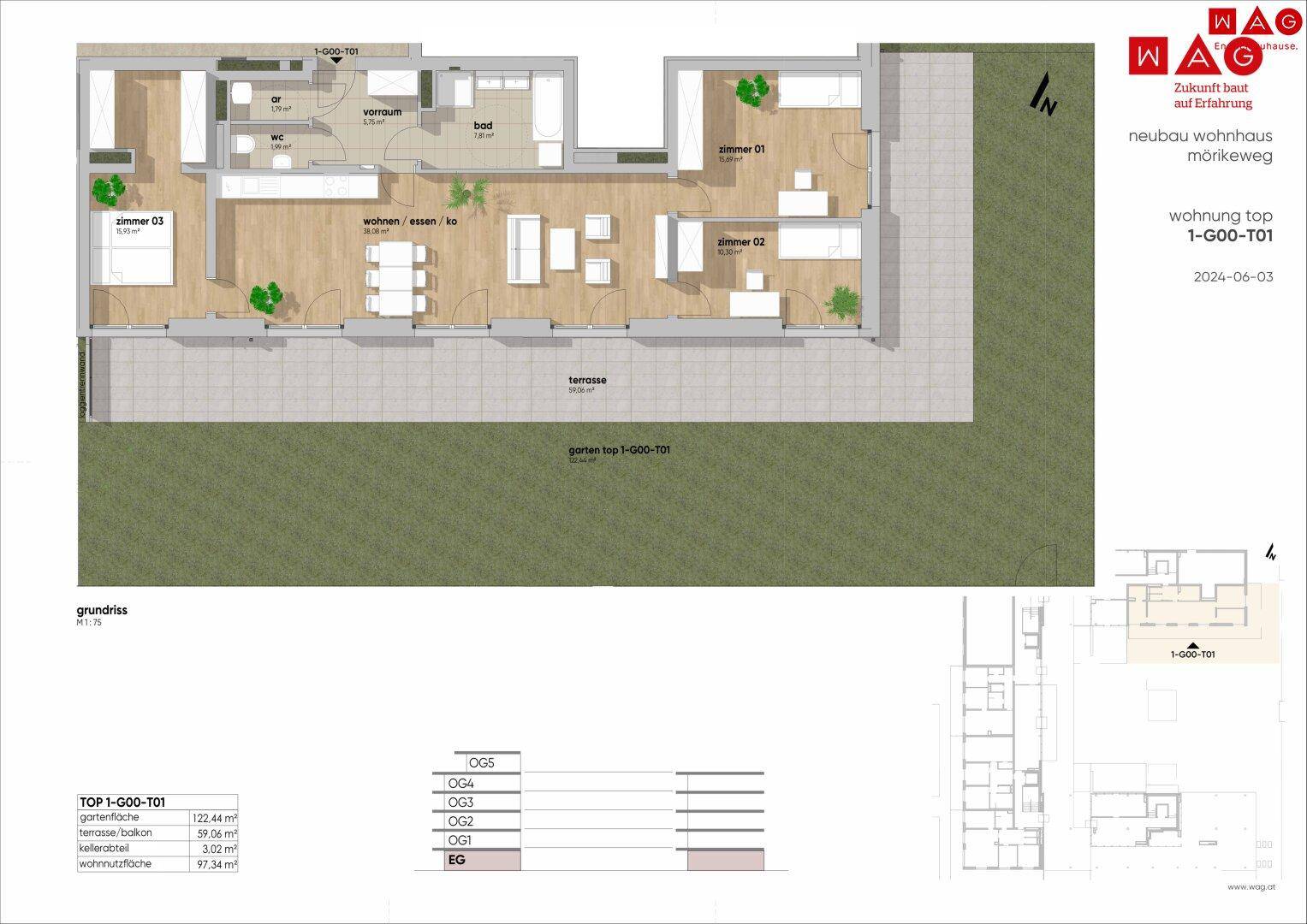 Möblierter Grundriss einer Wohnung mit offenem Wohn-/Essbereich, zwei Schlafzimmern, Bad, WC, großer Terrasse und Garten.