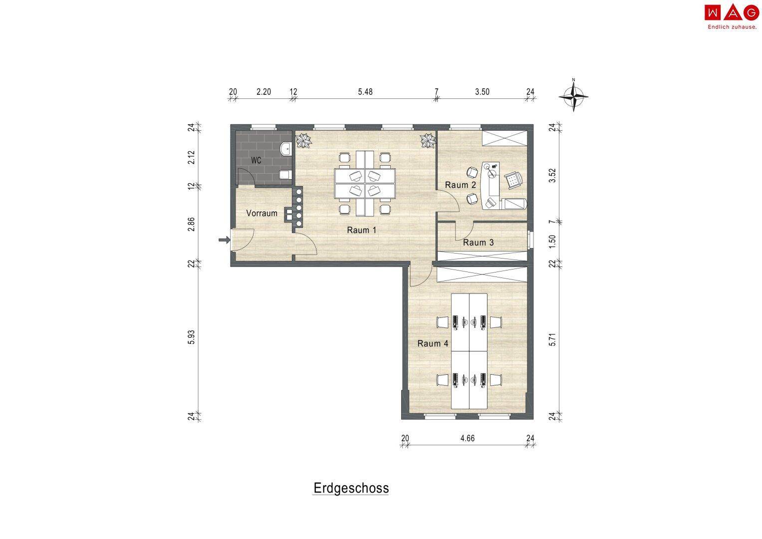 Grundriss des Erdgeschosses mit mehreren Büroräumen, Vorraum und WC-Bereich.