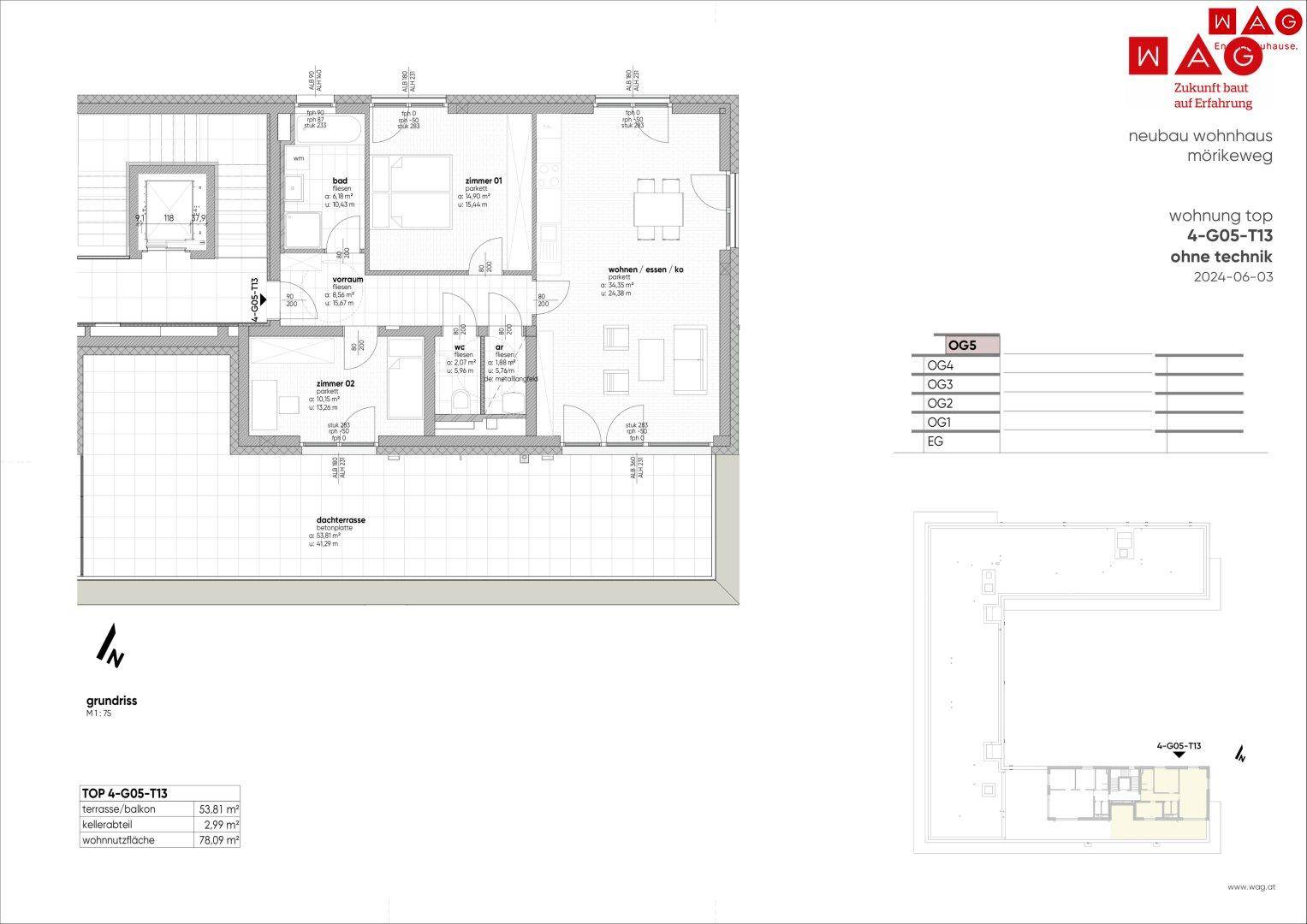 Grundriss einer Wohnung mit zwei Schlafzimmern, offenem Wohnbereich und großer Dachterrasse, ohne technische Details.