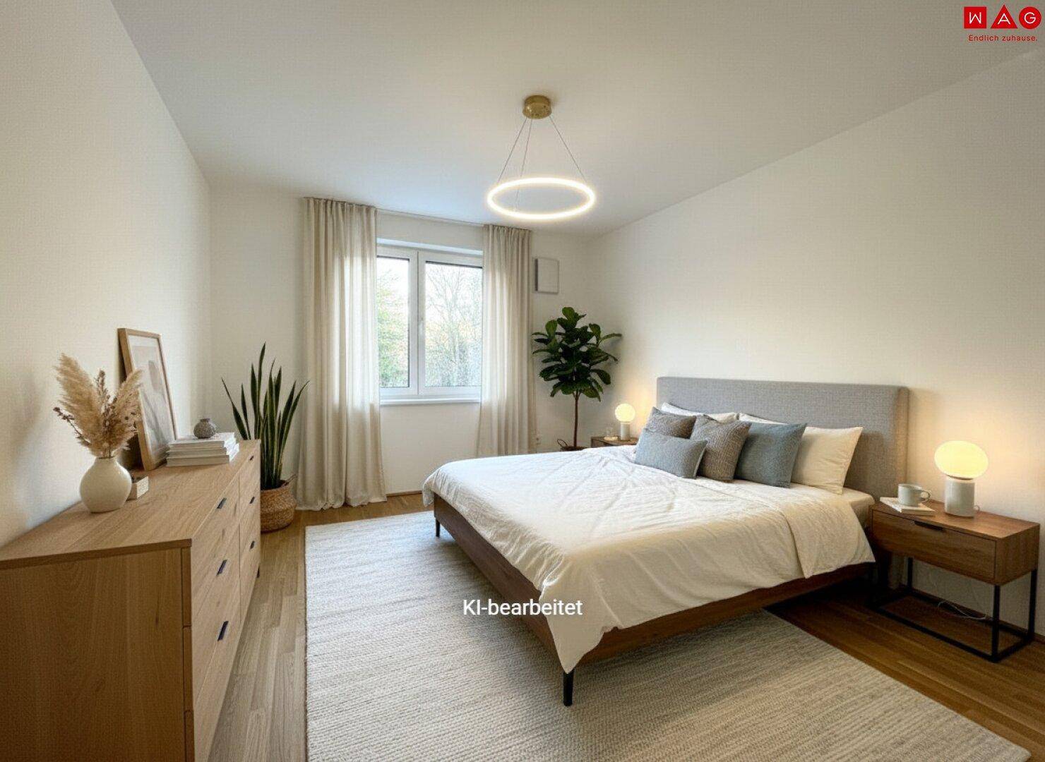 Gemütliches Schlafzimmer mit Doppelbett, Nachttischen und Fenster, hell und modern eingerichtet.