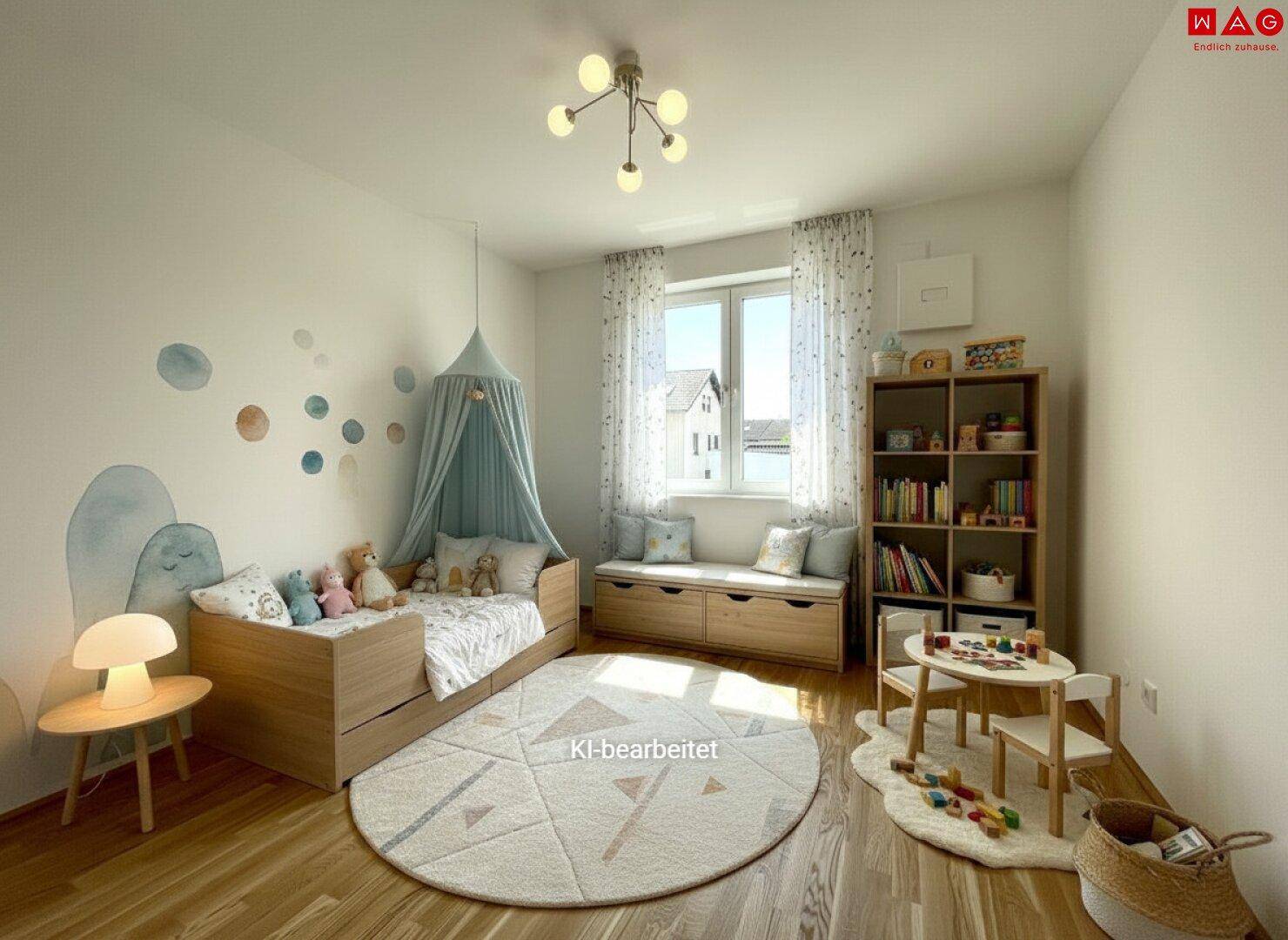 Liebevoll eingerichtetes Kinderzimmer mit Holzboden, Spielbereich und viel Tageslicht.