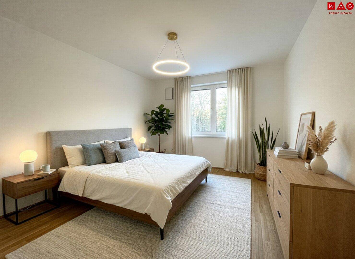 Modern eingerichtetes Schlafzimmer mit Doppelbett, Holzboden und großem Fenster.