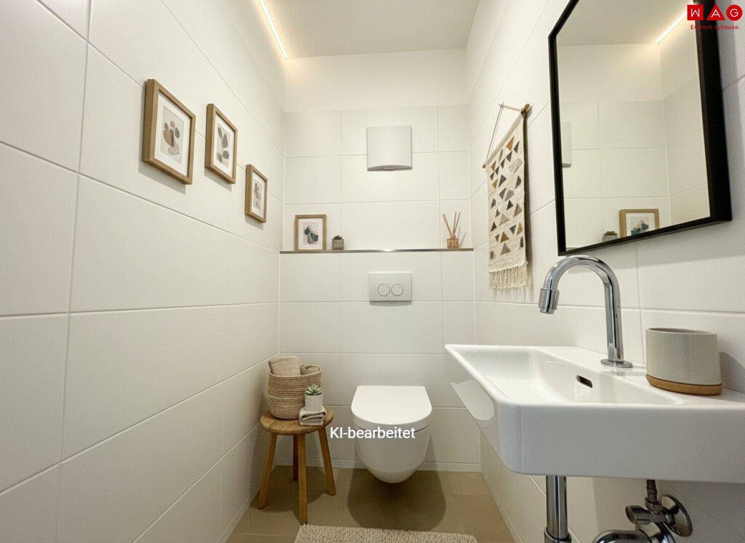 Modernes Gäste-WC mit wandhängender Toilette, kleinem Waschbecken und Spiegel.