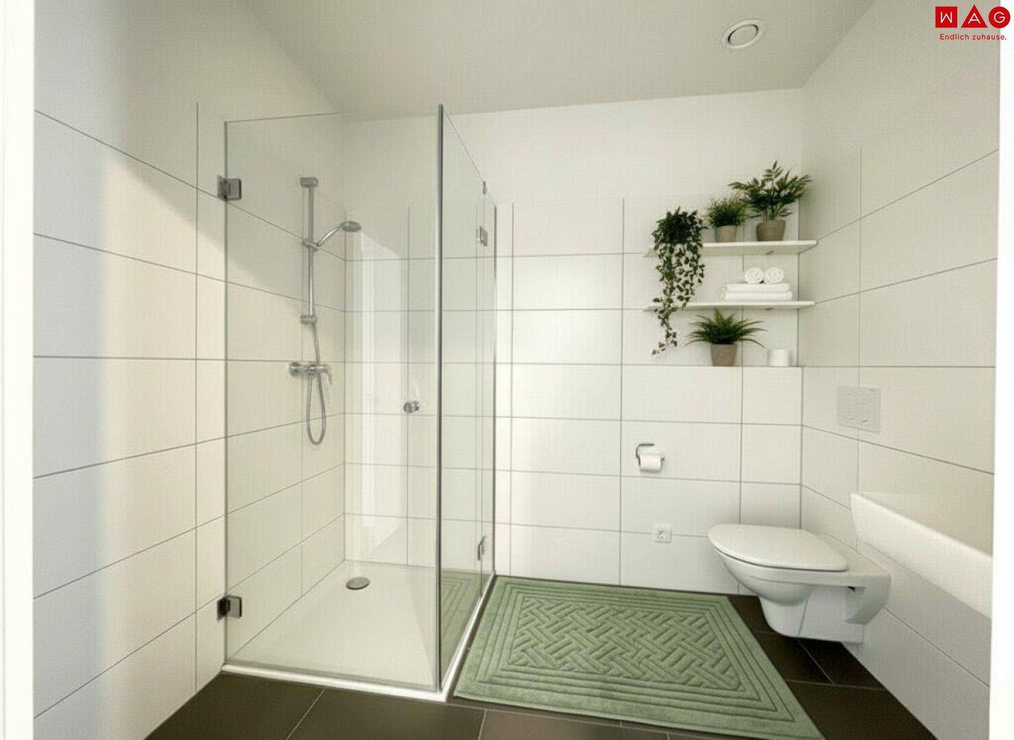 Modernes Badezimmer mit ebenerdiger Dusche, wandhängendem WC und weißen Fliesen.