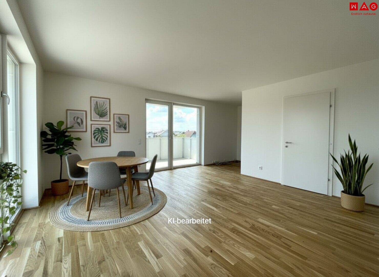 Heller Essbereich mit Holzboden, modernem Esstisch und Zugang zu einem Balkon.